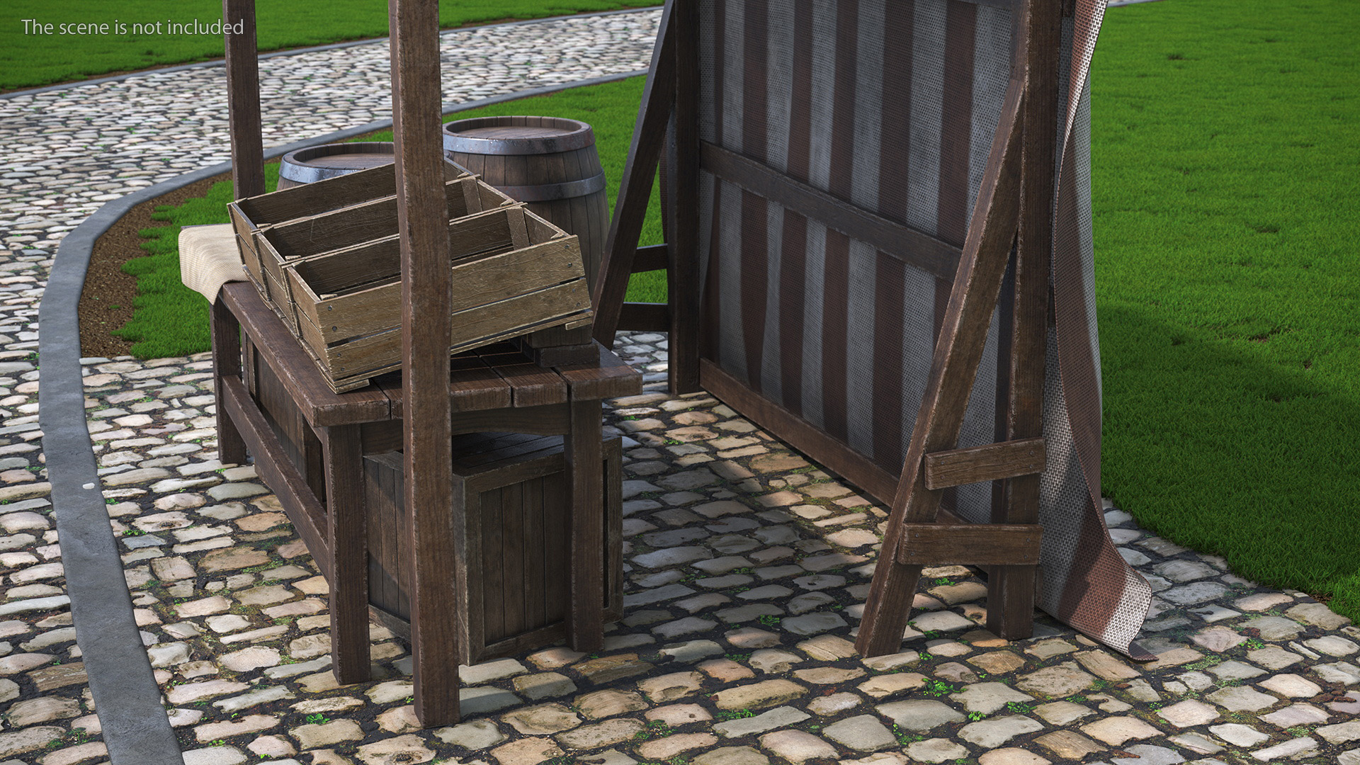 3D model Market Stall with Striped Awning and Wooden Crates
