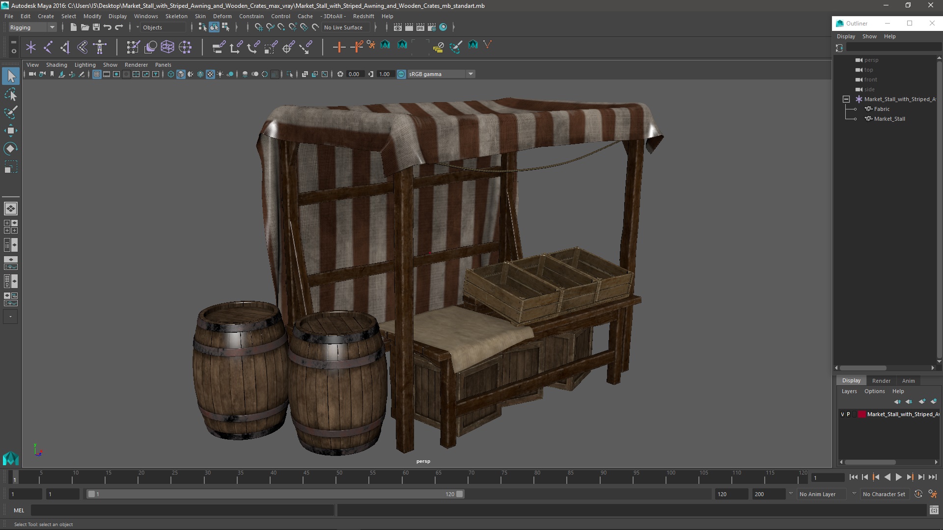 3D model Market Stall with Striped Awning and Wooden Crates