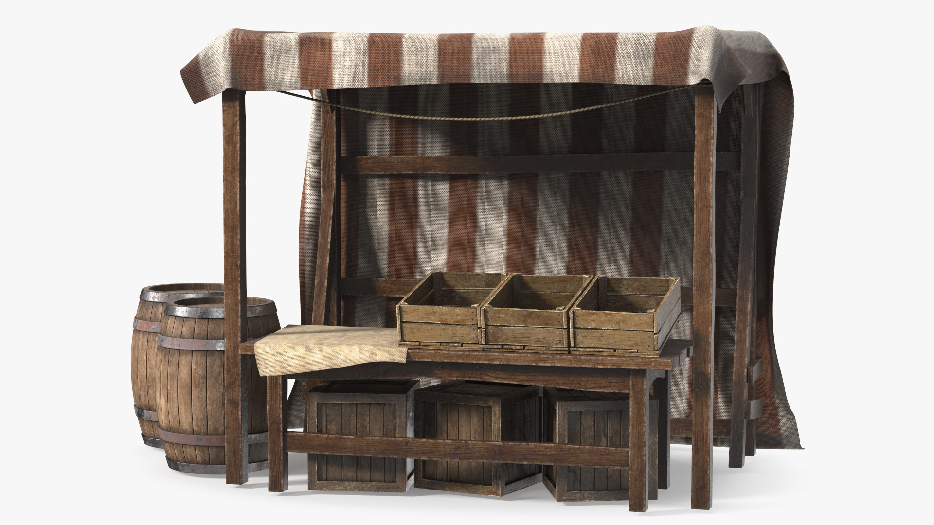 3D model Market Stall with Striped Awning and Wooden Crates