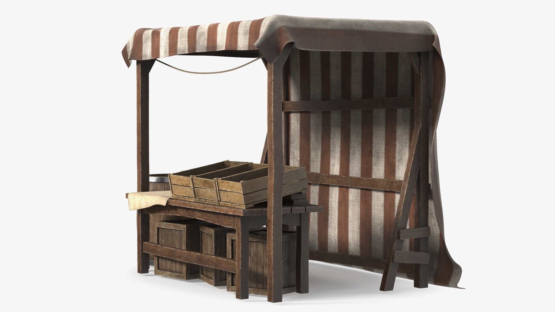 3D model Market Stall with Striped Awning and Wooden Crates
