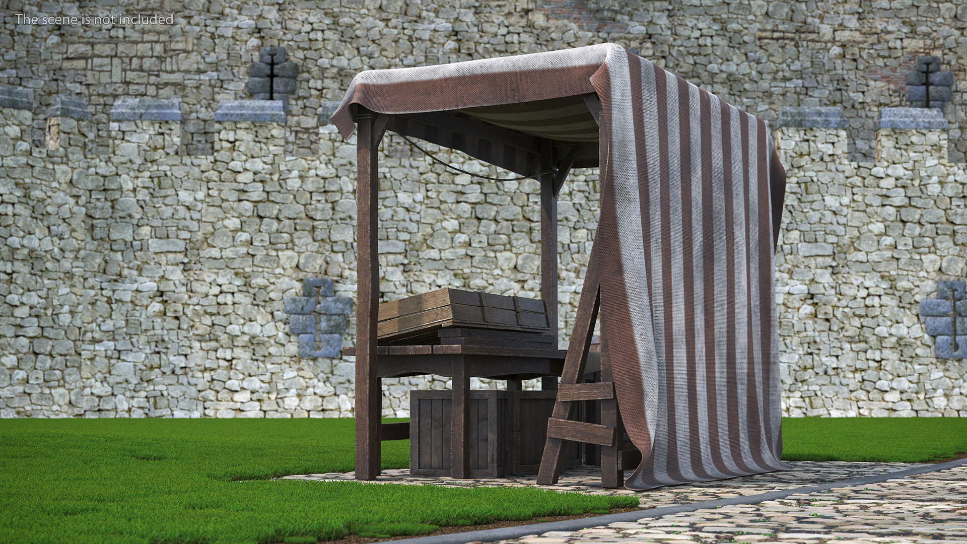 3D model Market Stall with Striped Awning and Wooden Crates