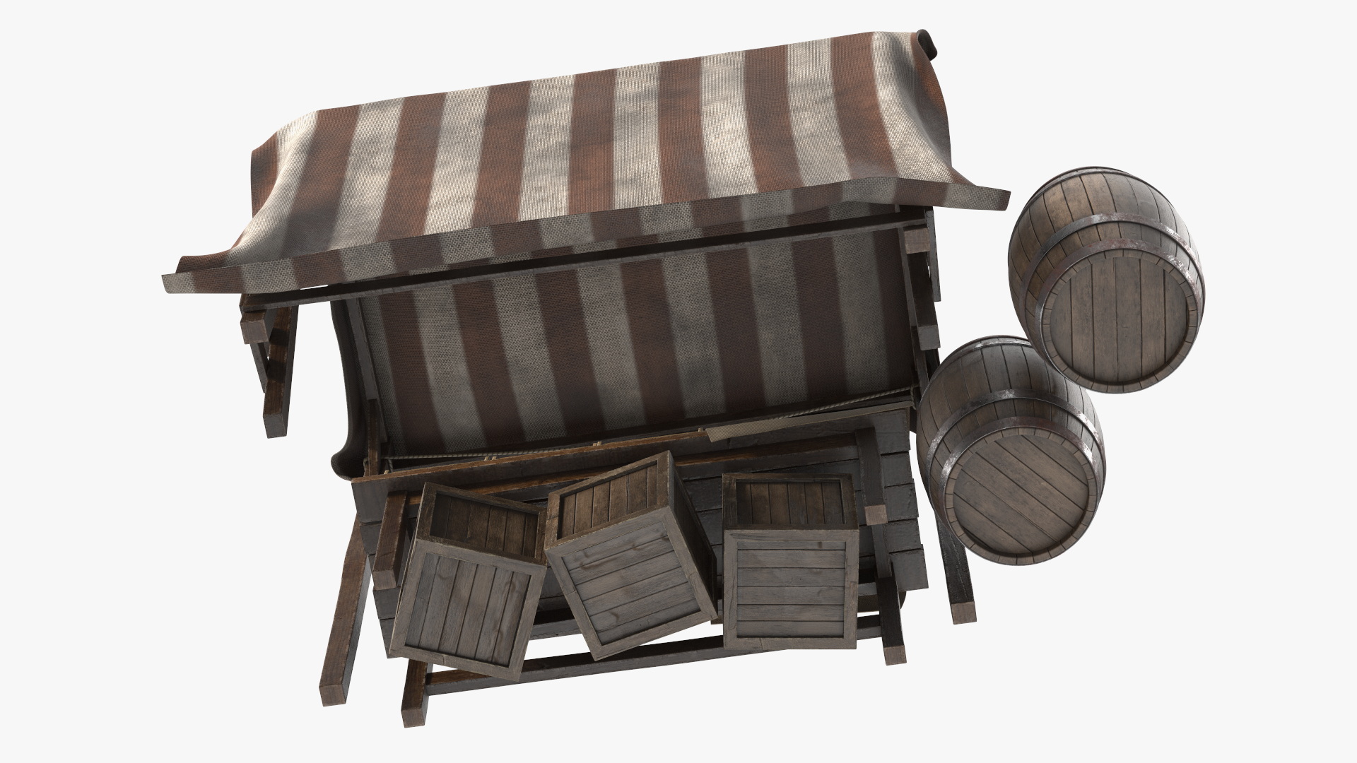 3D model Market Stall with Striped Awning and Wooden Crates