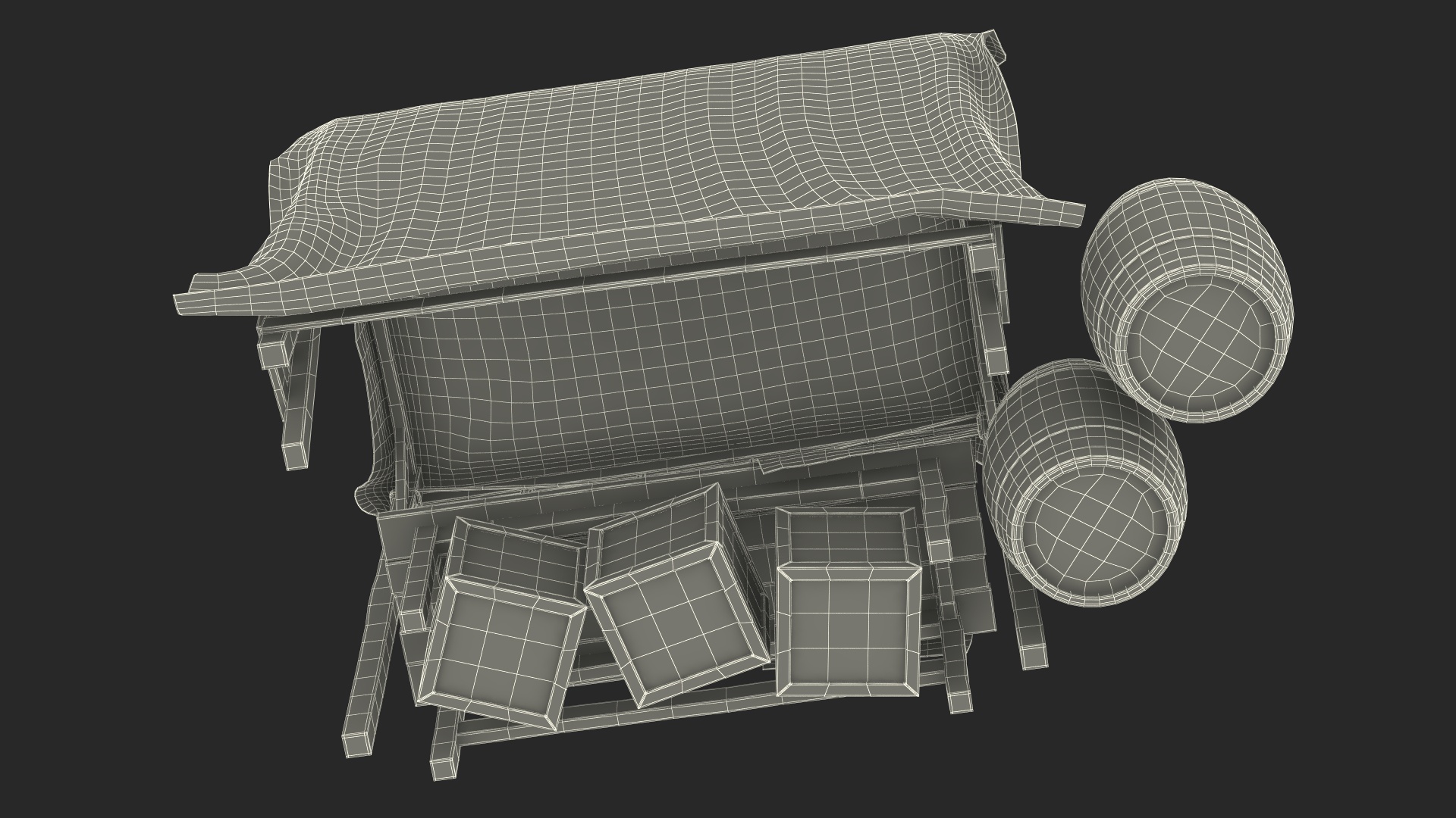 3D model Market Stall with Striped Awning and Wooden Crates