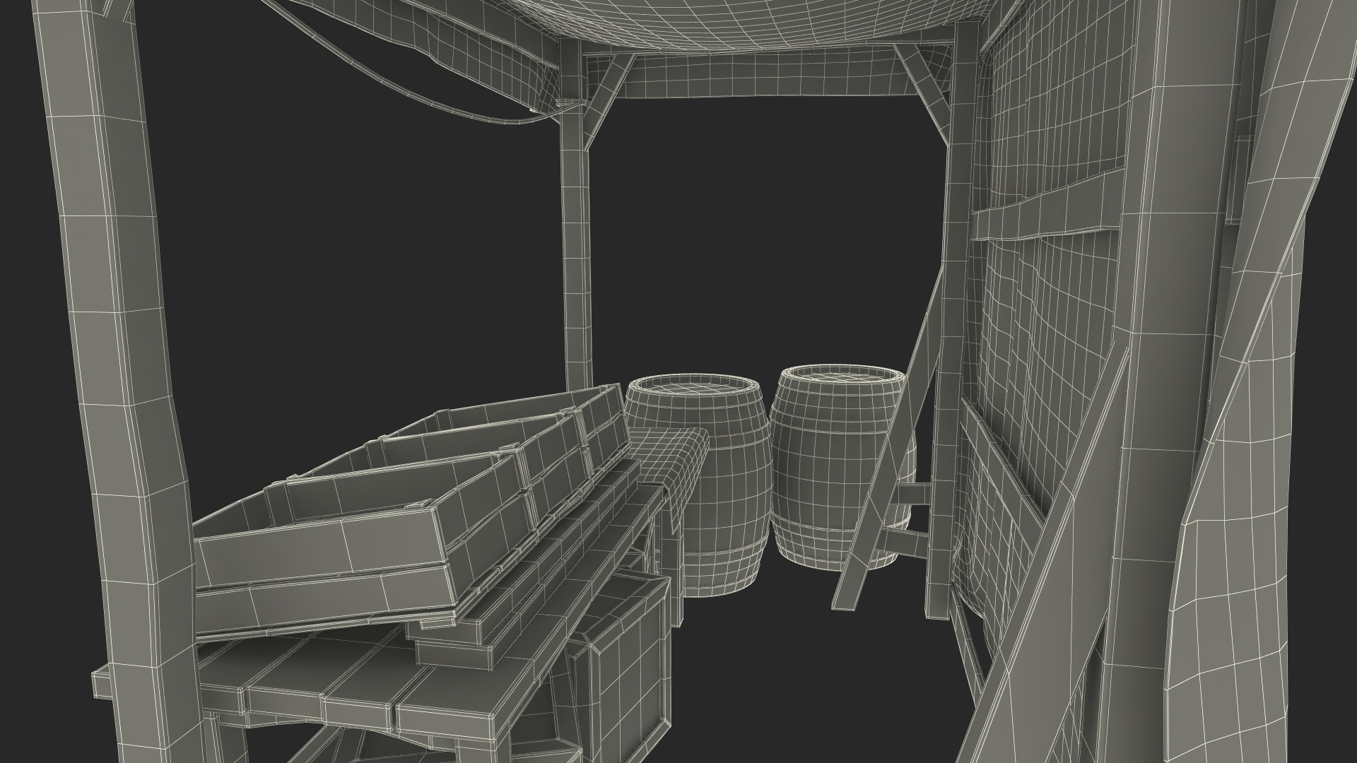 3D model Market Stall with Striped Awning and Wooden Crates