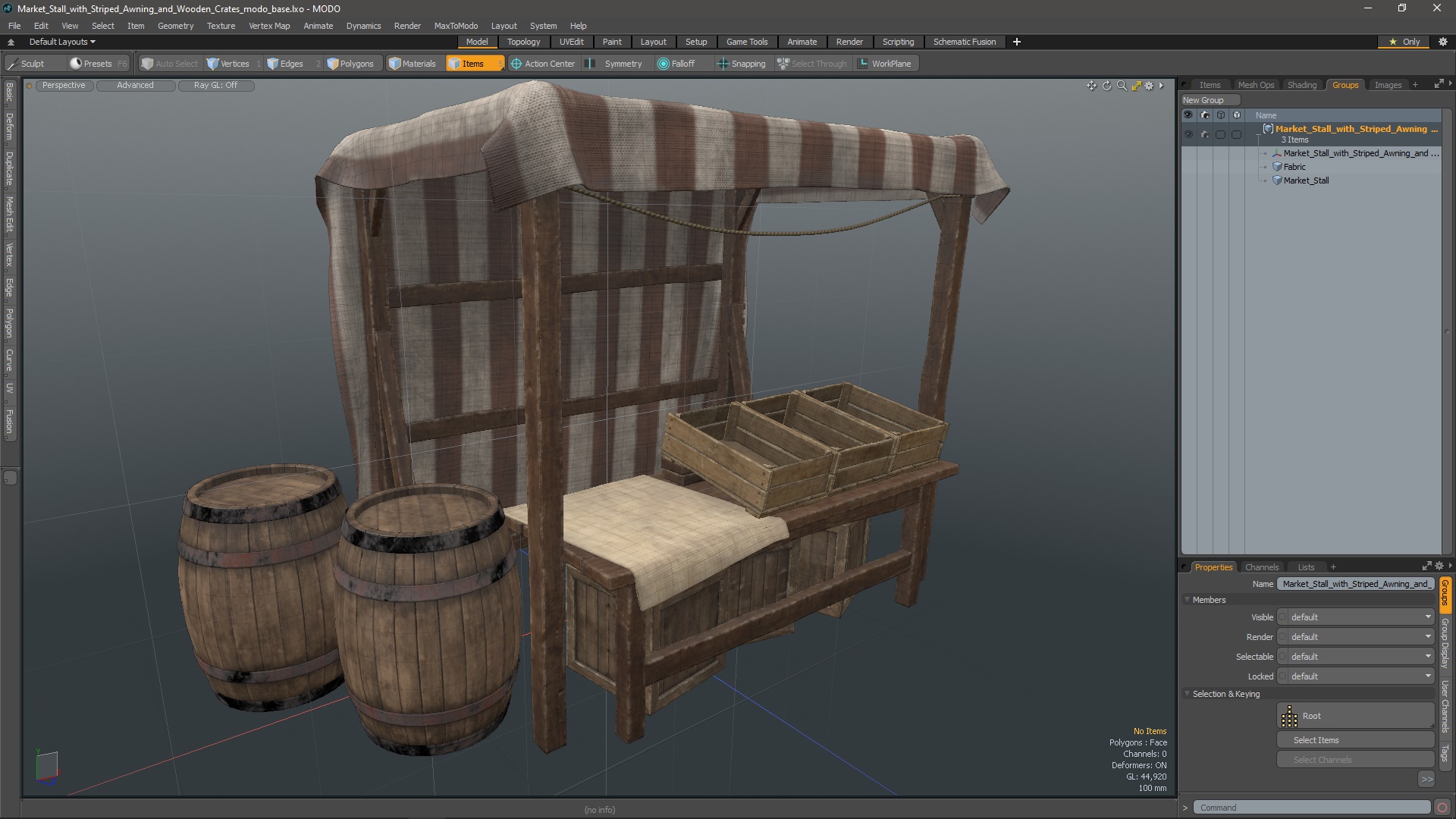 3D model Market Stall with Striped Awning and Wooden Crates