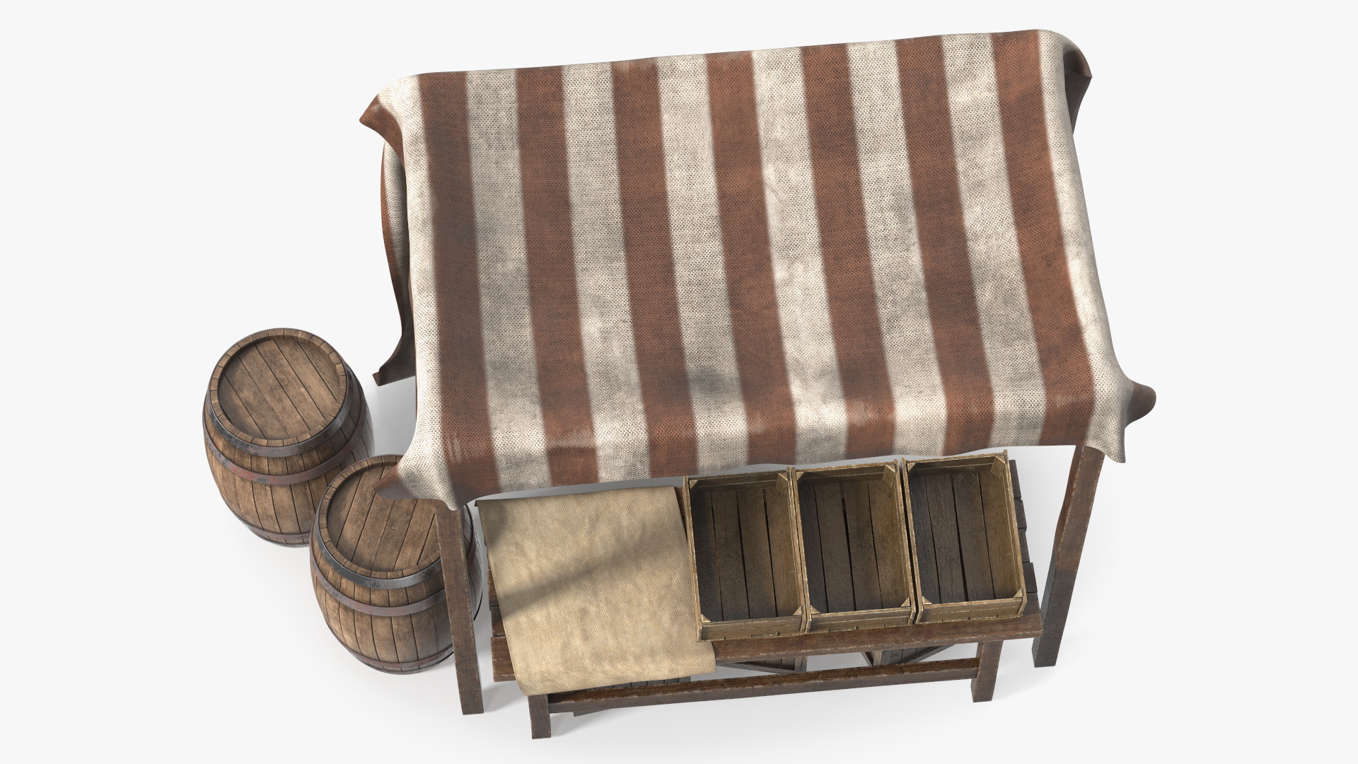 3D model Market Stall with Striped Awning and Wooden Crates