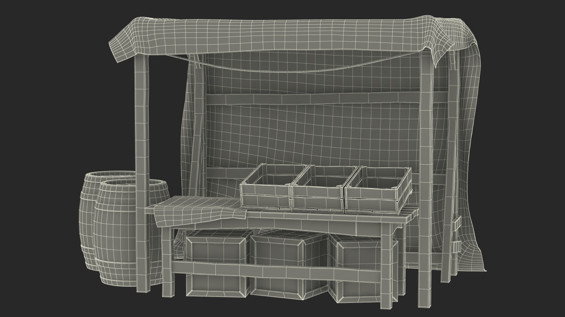 3D model Market Stall with Striped Awning and Wooden Crates