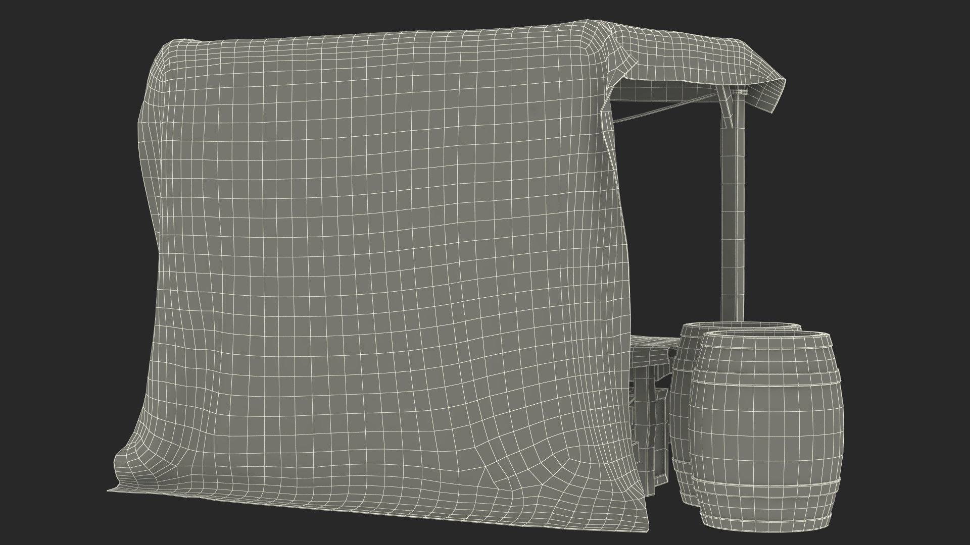3D model Market Stall with Striped Awning and Wooden Crates