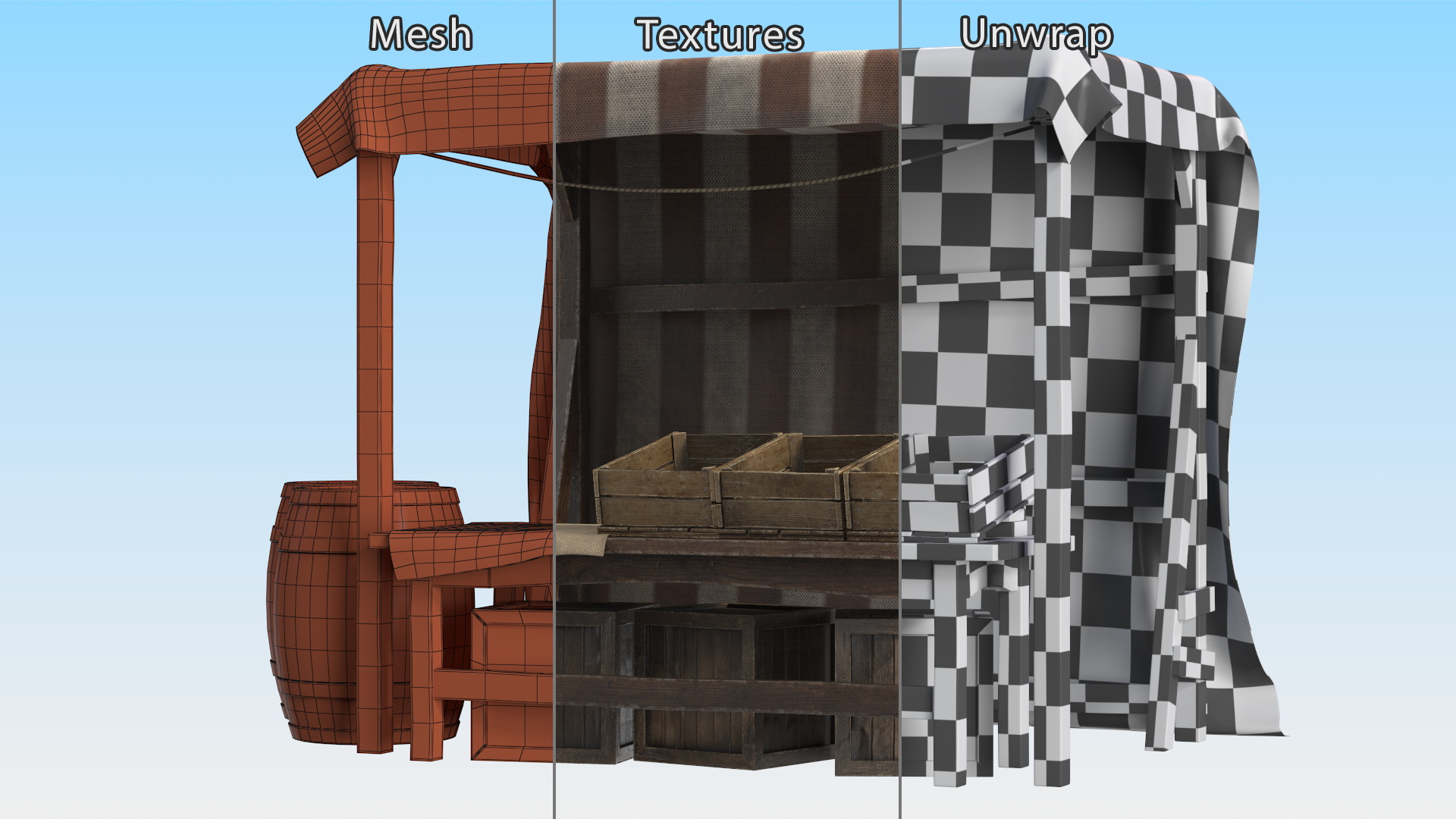 3D model Market Stall with Striped Awning and Wooden Crates