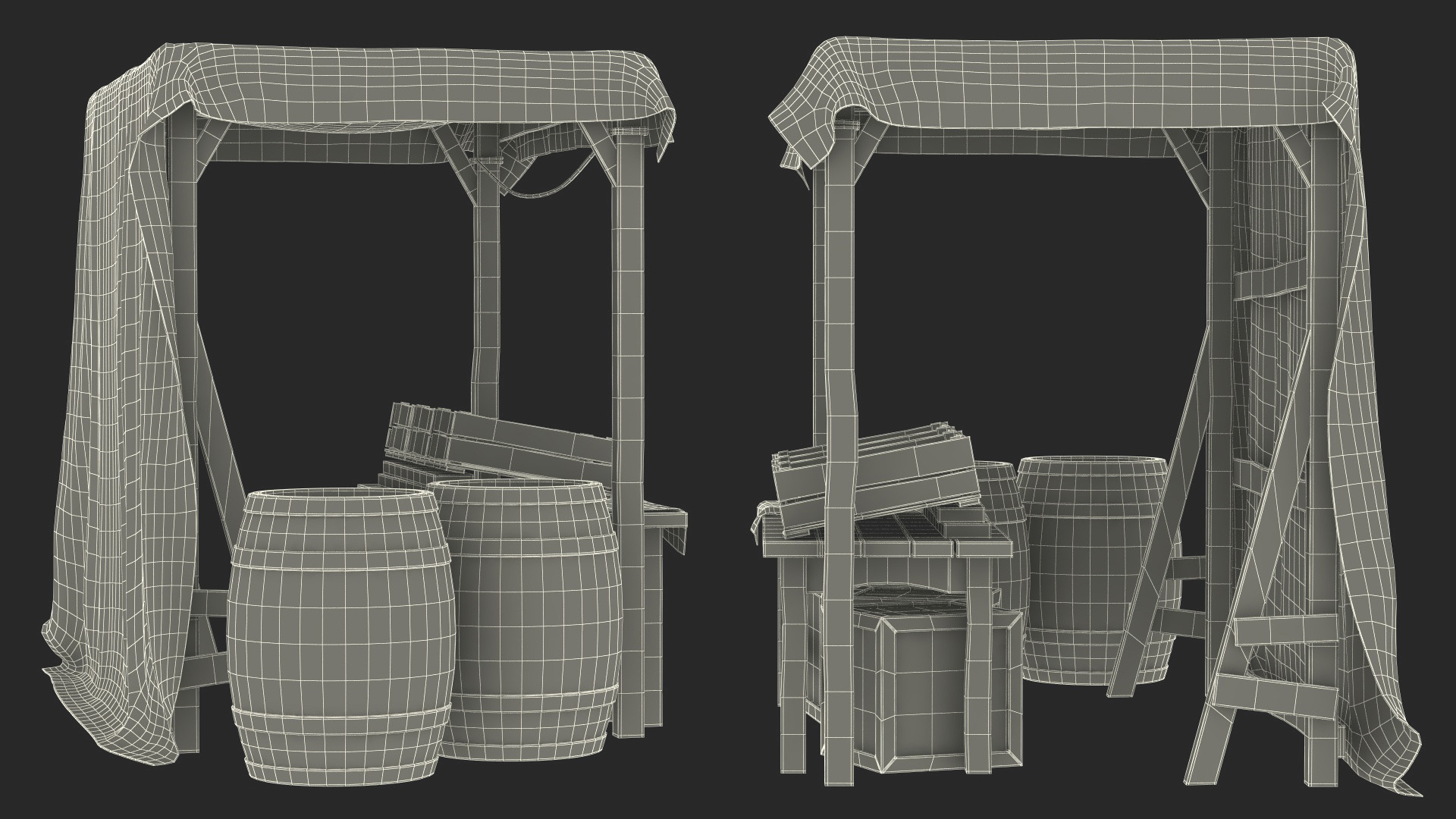 3D model Market Stall with Striped Awning and Wooden Crates