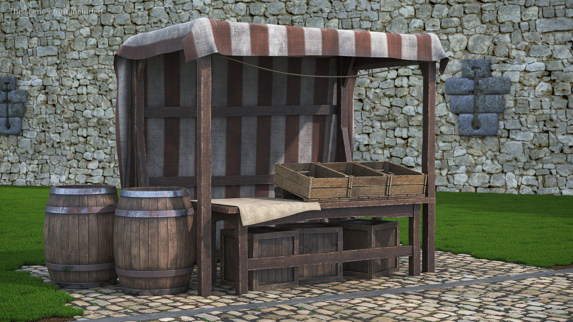 3D model Market Stall with Striped Awning and Wooden Crates