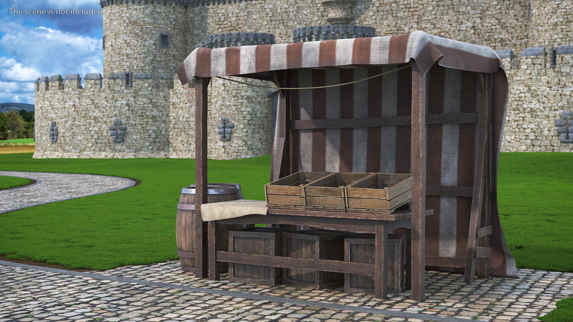 3D model Market Stall with Striped Awning and Wooden Crates
