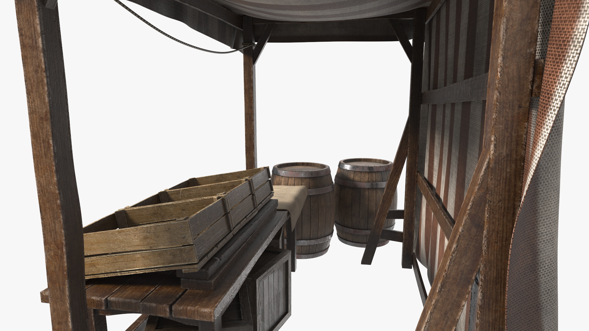 3D model Market Stall with Striped Awning and Wooden Crates
