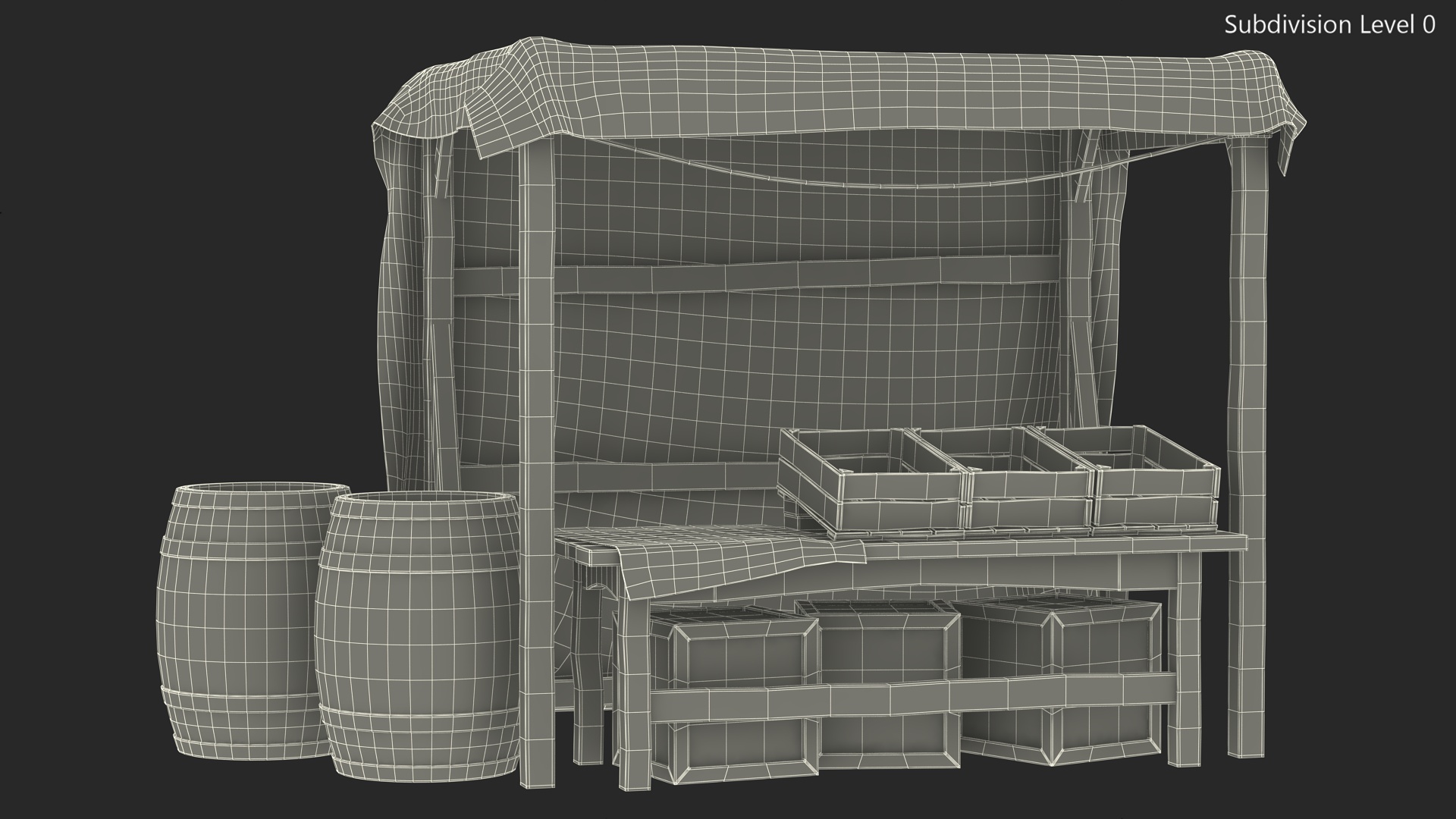 3D model Market Stall with Striped Awning and Wooden Crates