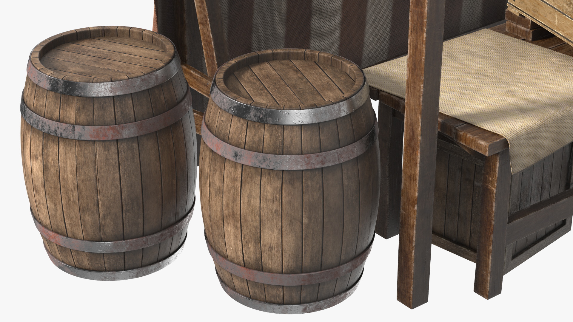 3D model Market Stall with Striped Awning and Wooden Crates