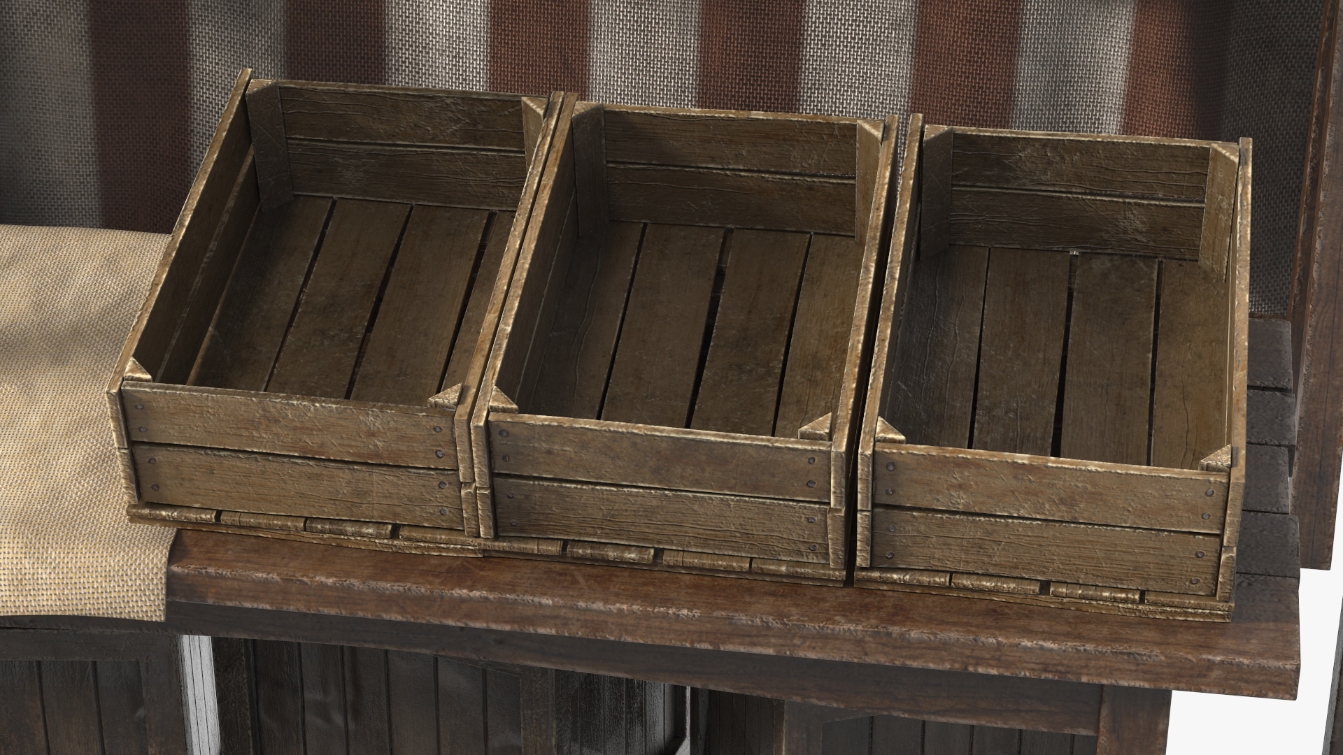 3D model Market Stall with Striped Awning and Wooden Crates