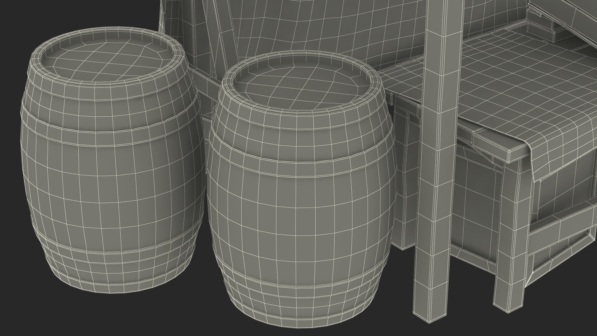 3D model Market Stall with Striped Awning and Wooden Crates