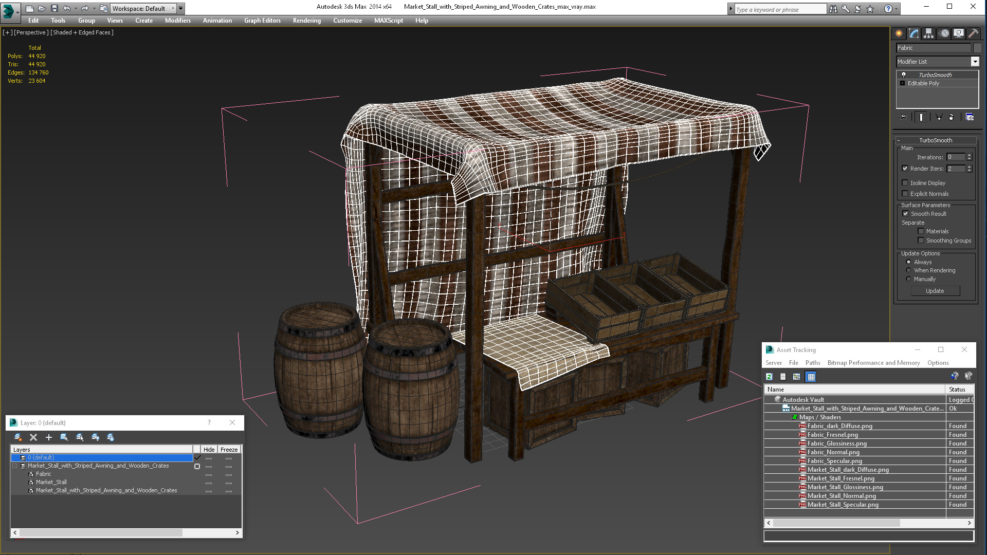 3D model Market Stall with Striped Awning and Wooden Crates