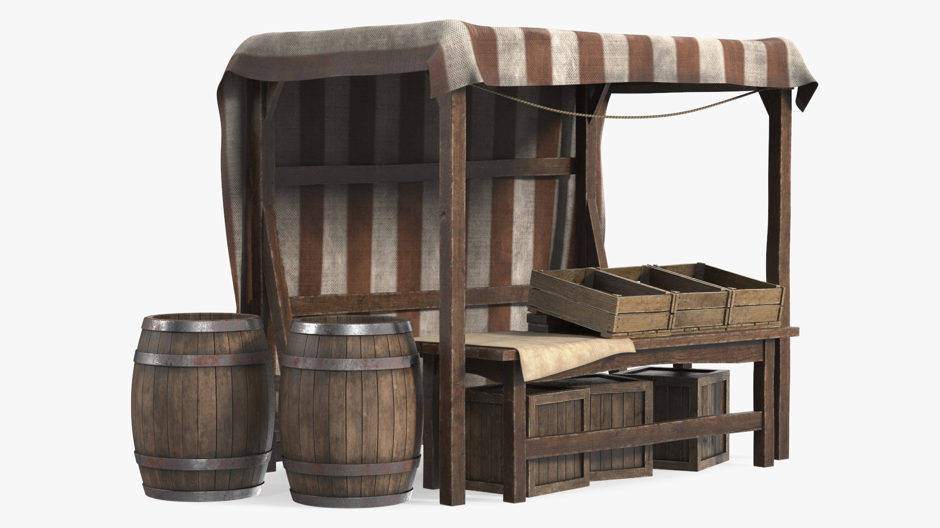 3D model Market Stall with Striped Awning and Wooden Crates
