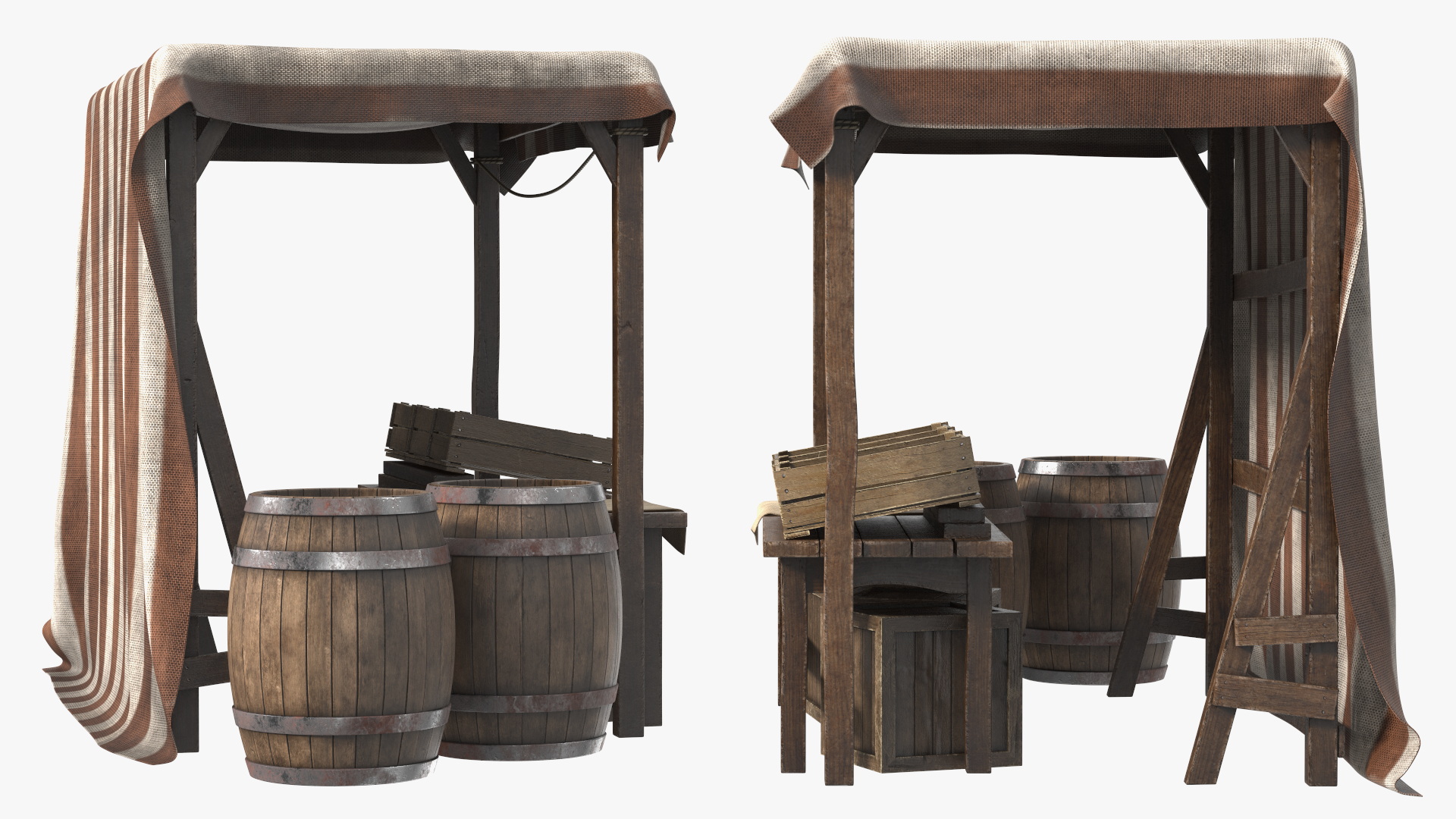 3D model Market Stall with Striped Awning and Wooden Crates