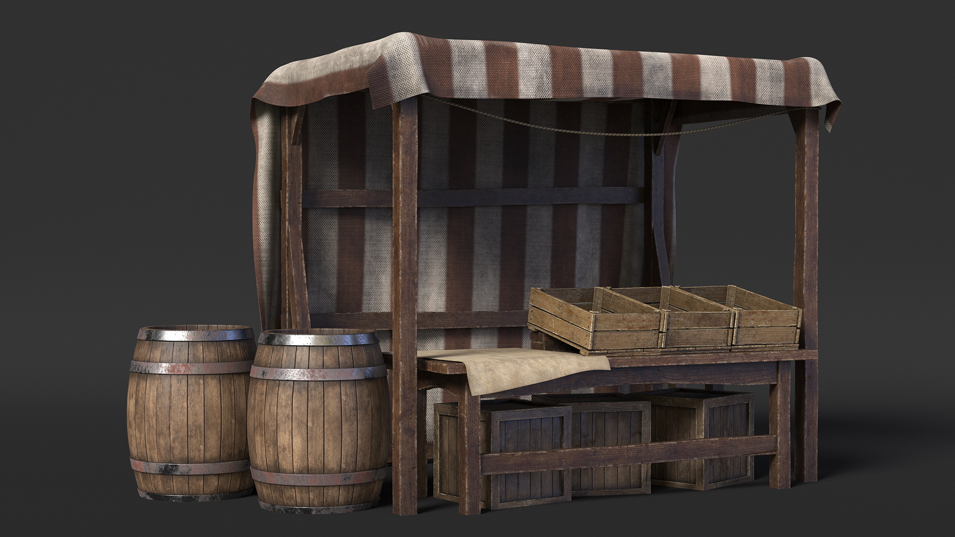 3D model Market Stall with Striped Awning and Wooden Crates