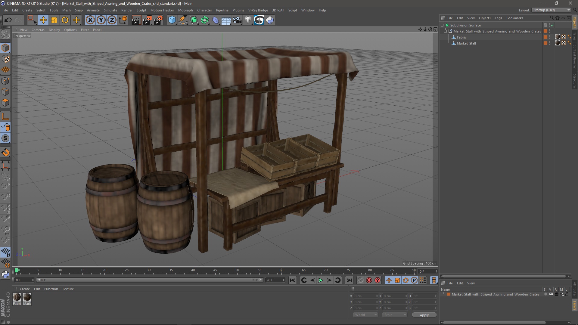 3D model Market Stall with Striped Awning and Wooden Crates