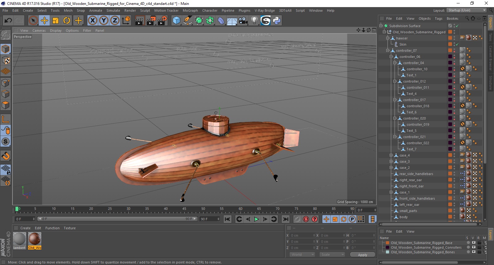 3D Old Wooden Submarine Rigged for Cinema 4D