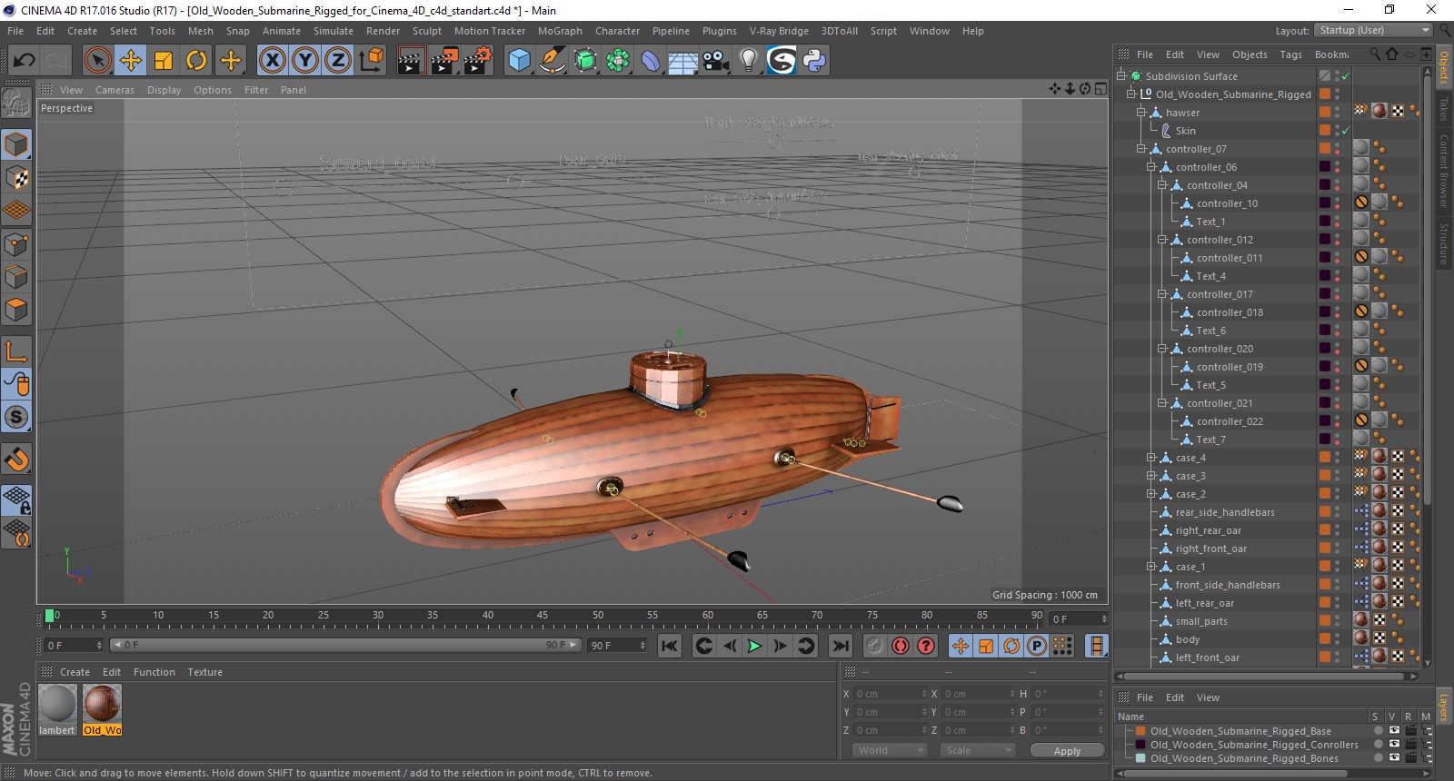 3D Old Wooden Submarine Rigged for Cinema 4D