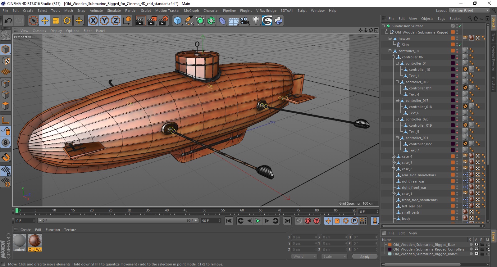 3D Old Wooden Submarine Rigged for Cinema 4D
