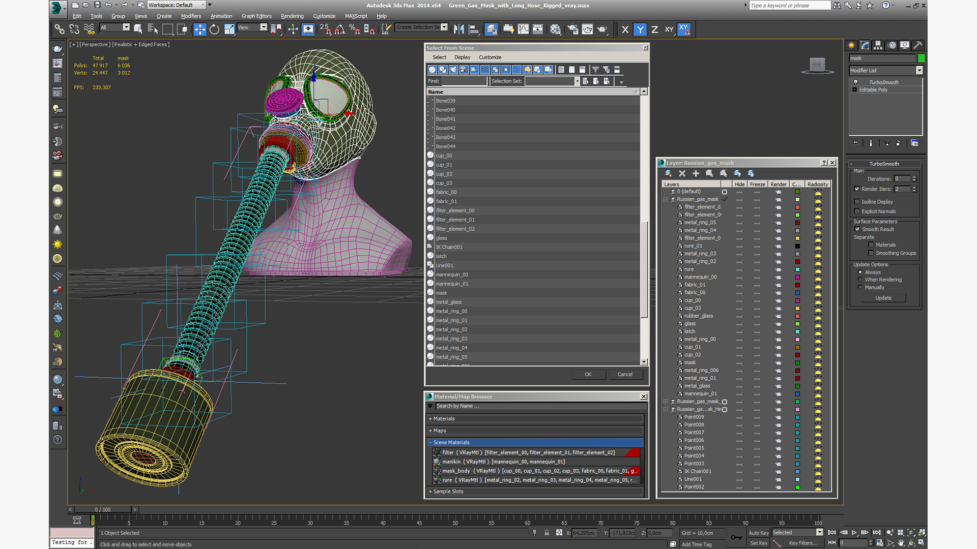 3D Green Gas Mask with Long Hose Rigged