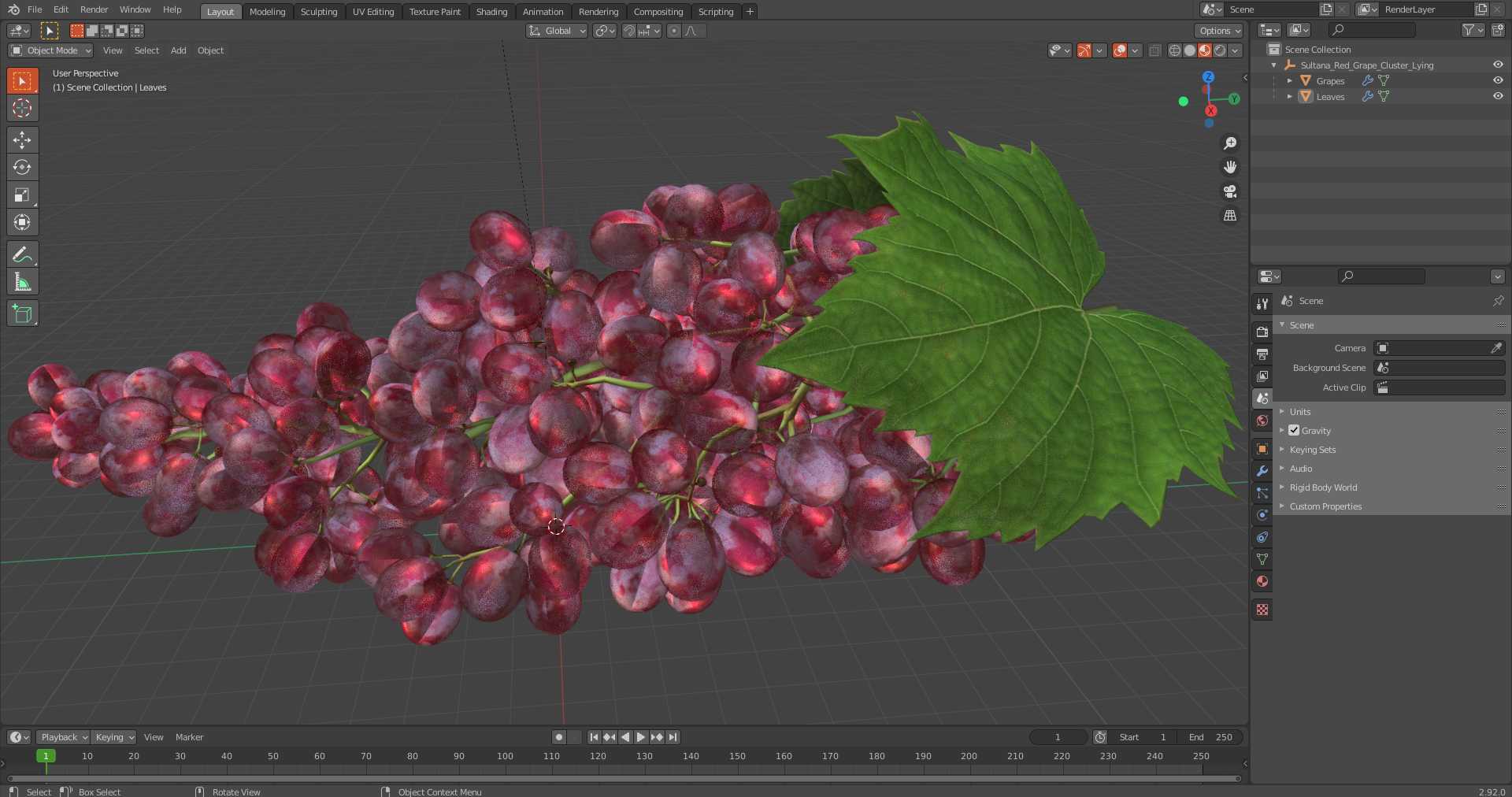 3D Sultana Red Grape Cluster Lying