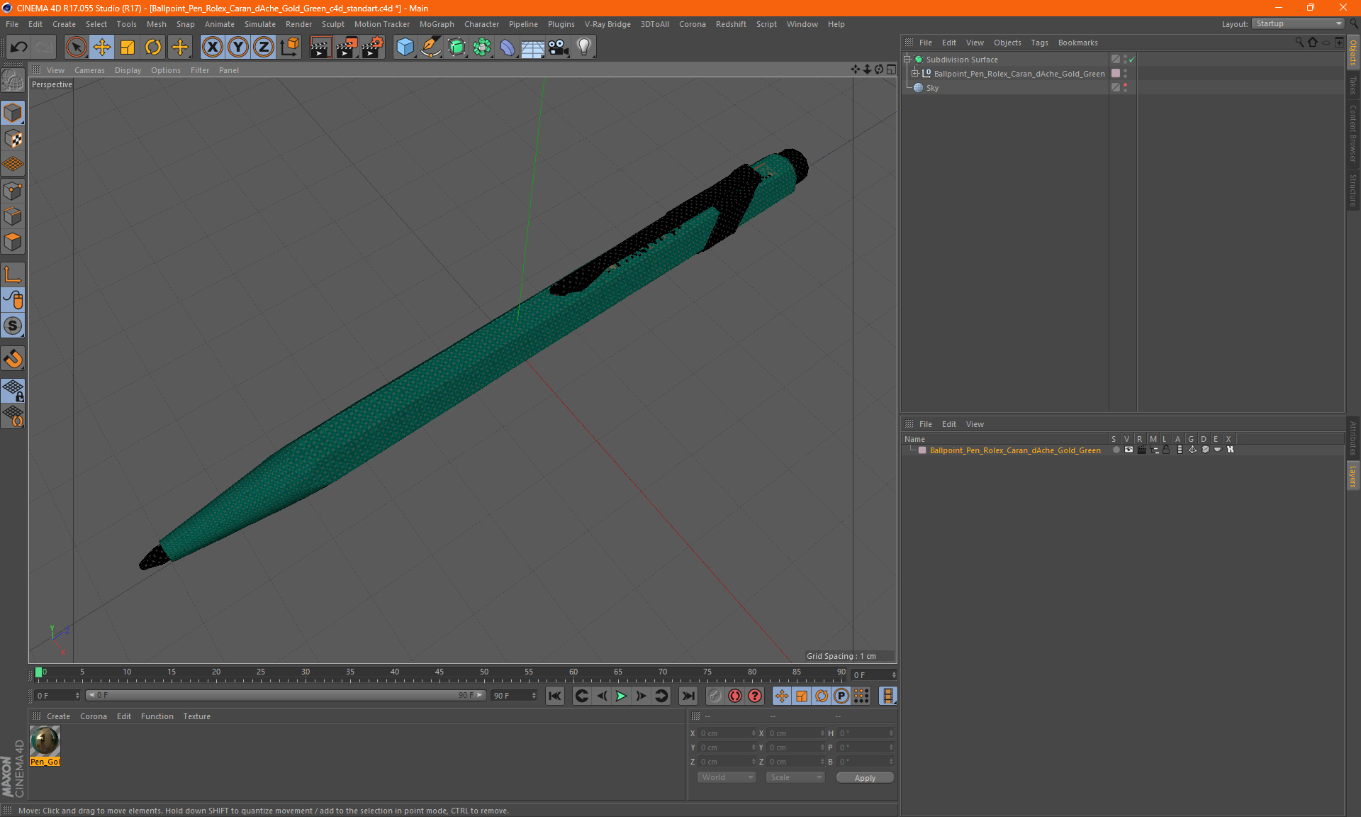 Ballpoint Pen Rolex Caran dAche Gold Green 3D
