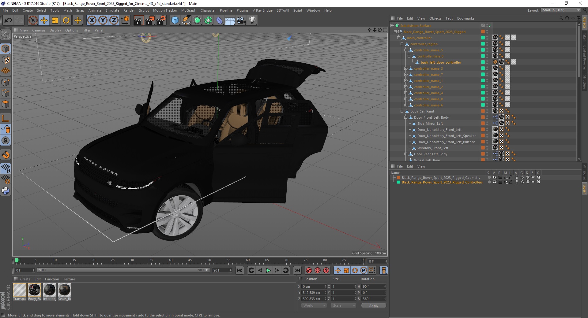 Black Range Rover Sport 2023 Rigged for Cinema 4D 3D model