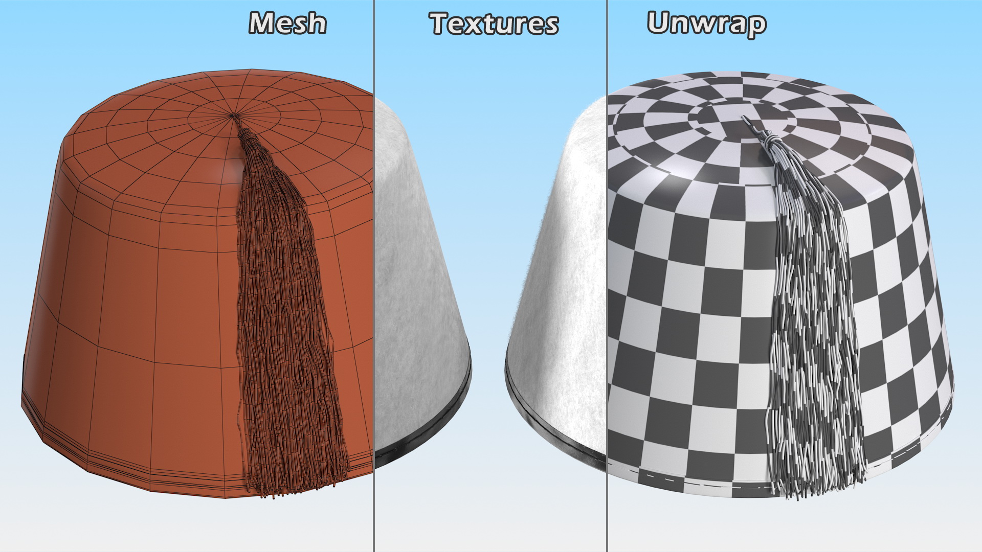Traditional Arabic White Fez Hat With Black Tassel Fur 3D model
