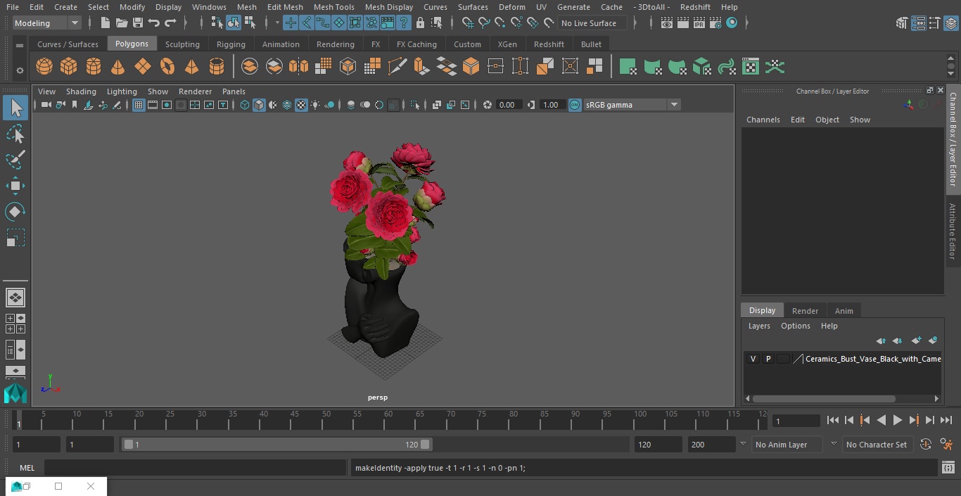 3D Ceramics Bust Vase Black with Camellia model