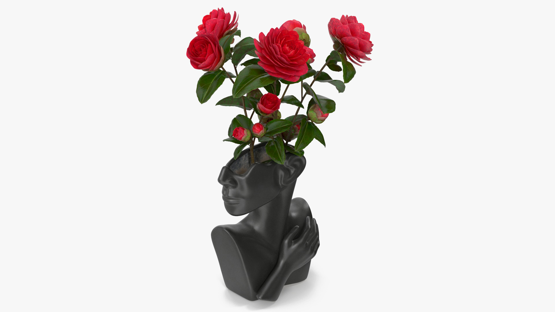 3D Ceramics Bust Vase Black with Camellia model