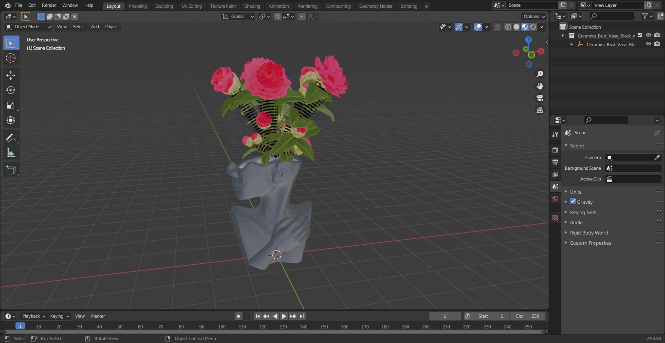 3D Ceramics Bust Vase Black with Camellia model