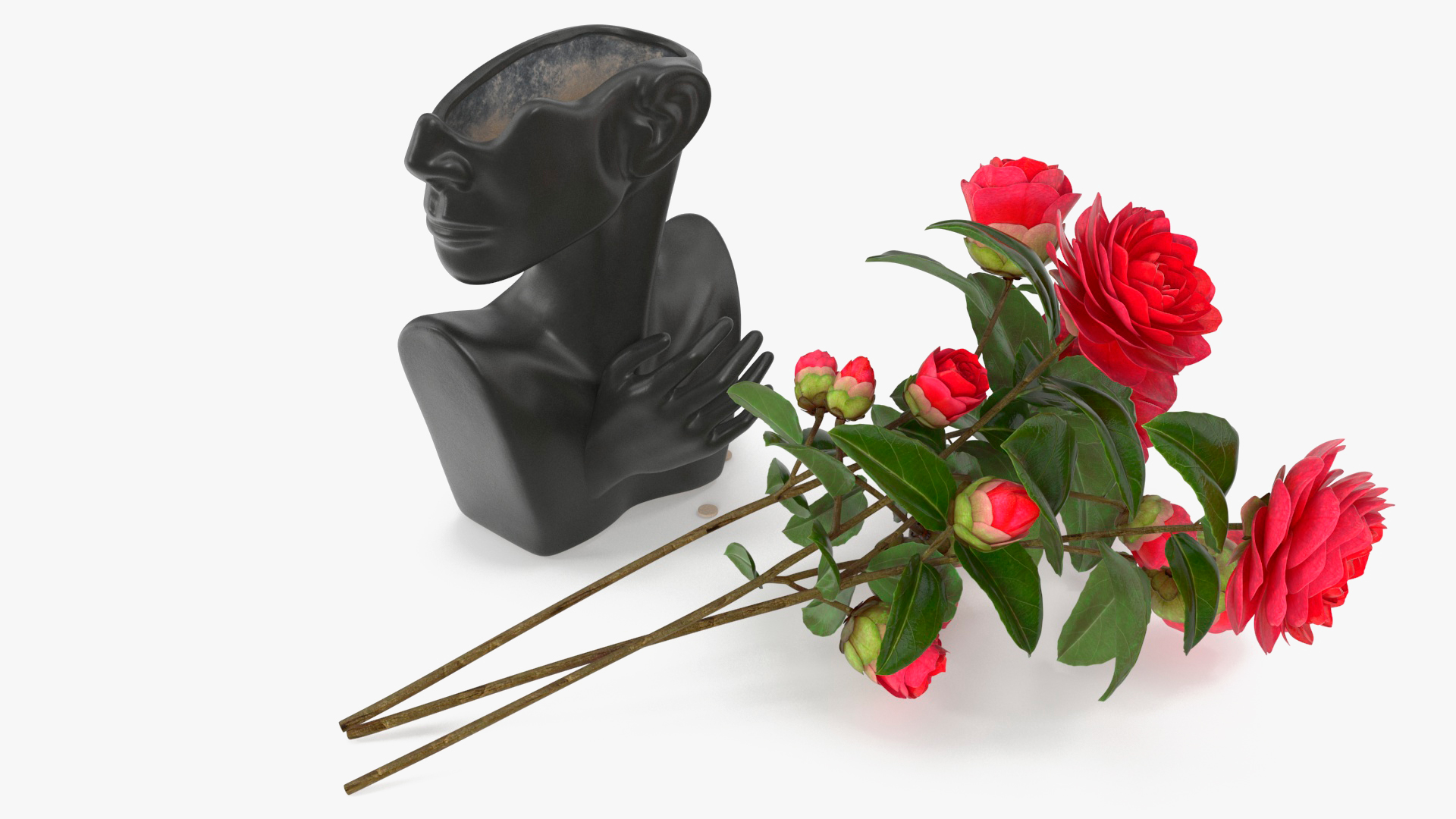 3D Ceramics Bust Vase Black with Camellia model