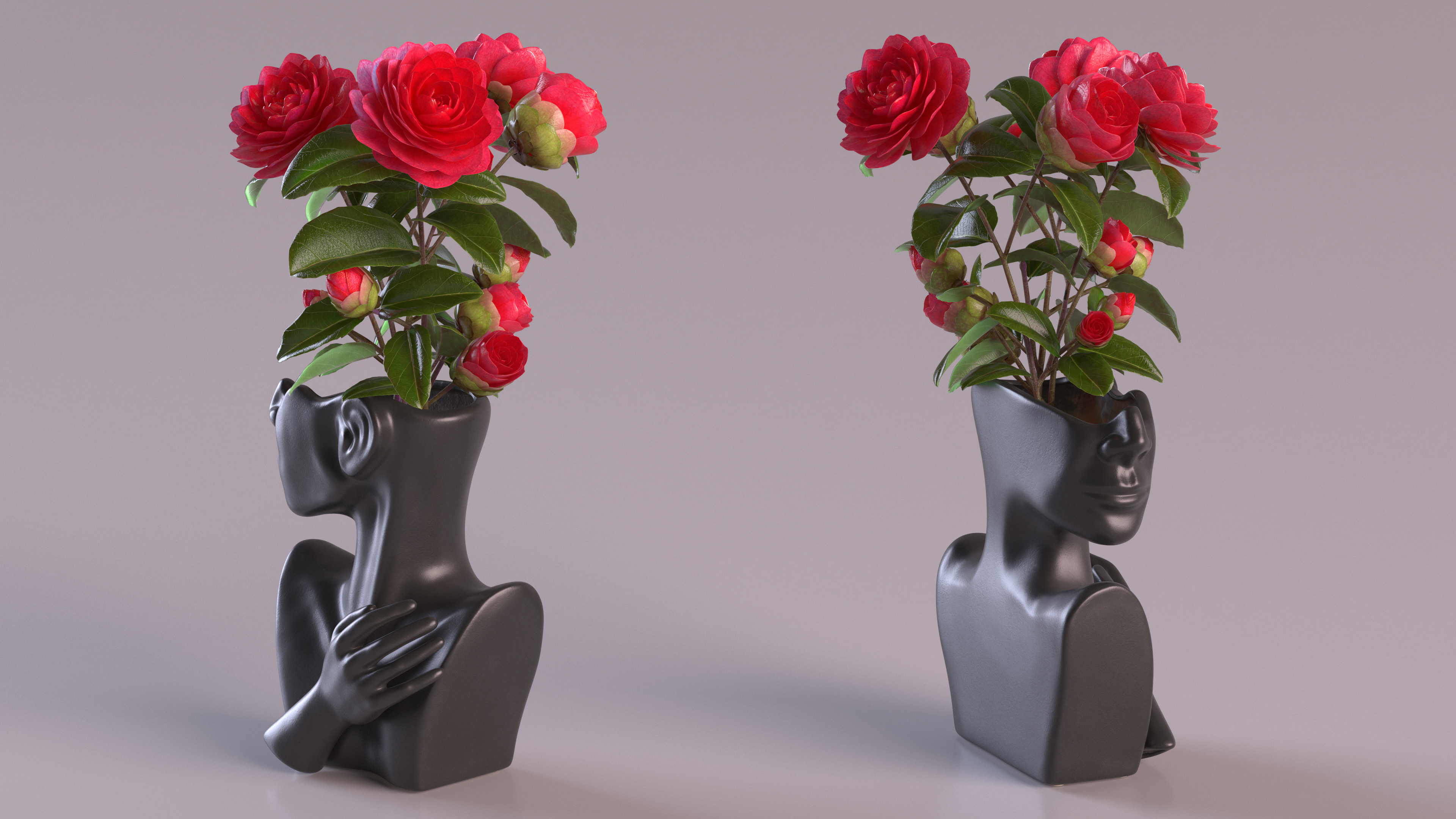 3D Ceramics Bust Vase Black with Camellia model