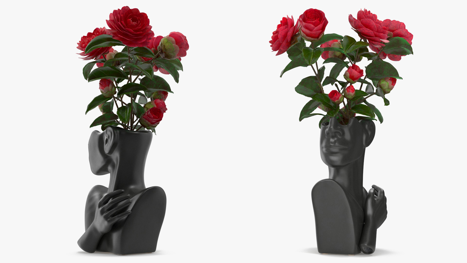 3D Ceramics Bust Vase Black with Camellia model