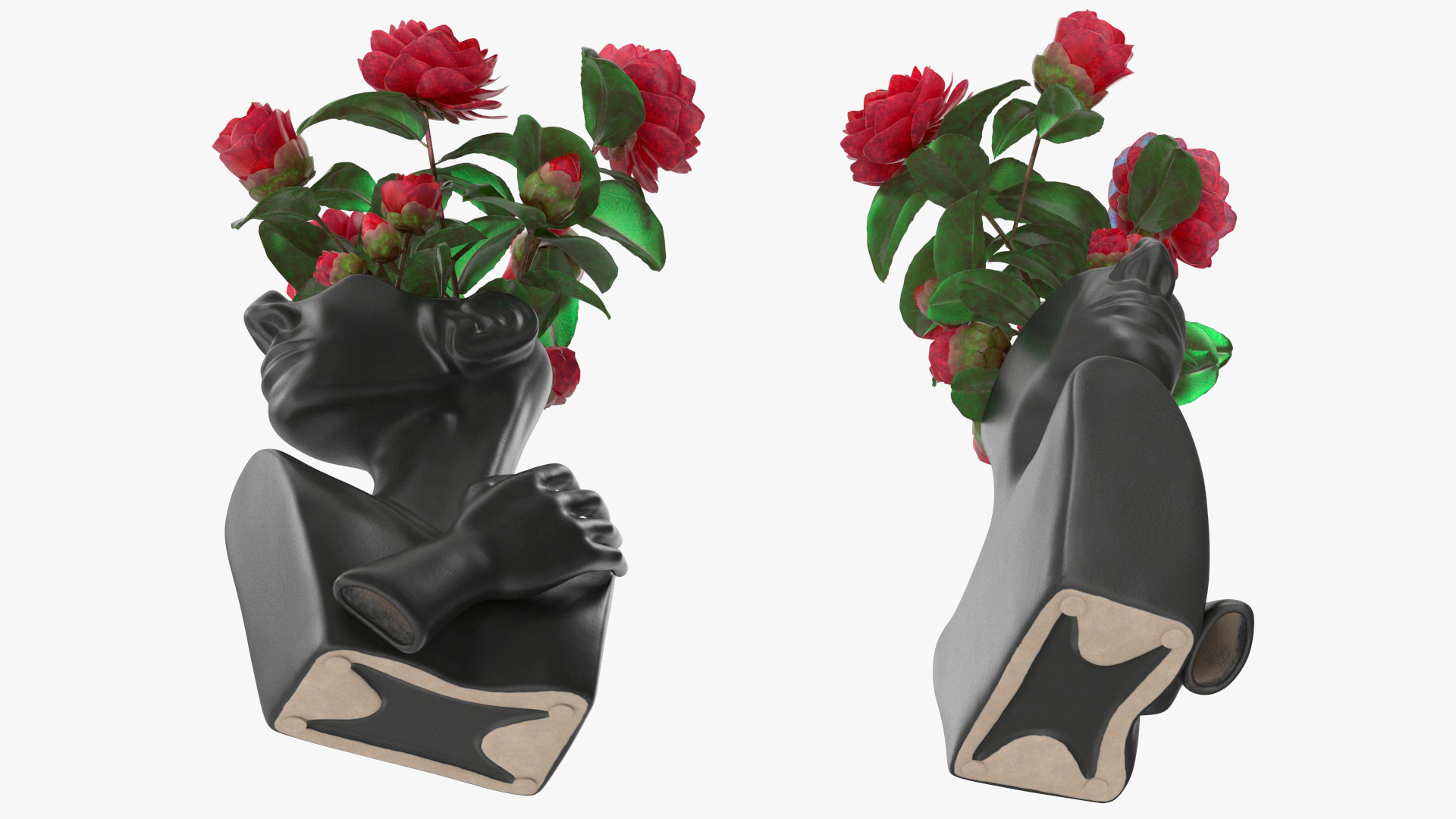 3D Ceramics Bust Vase Black with Camellia model
