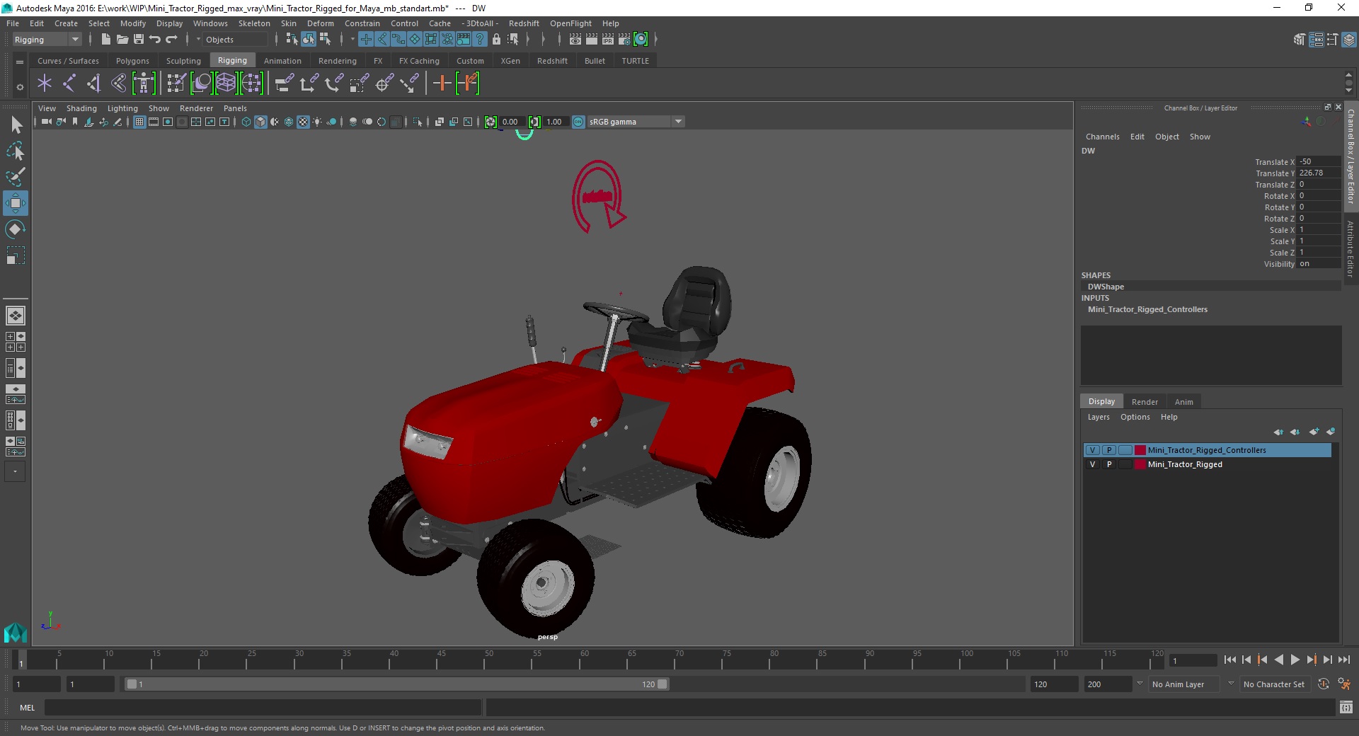 3D Mini Tractor Rigged for Maya model