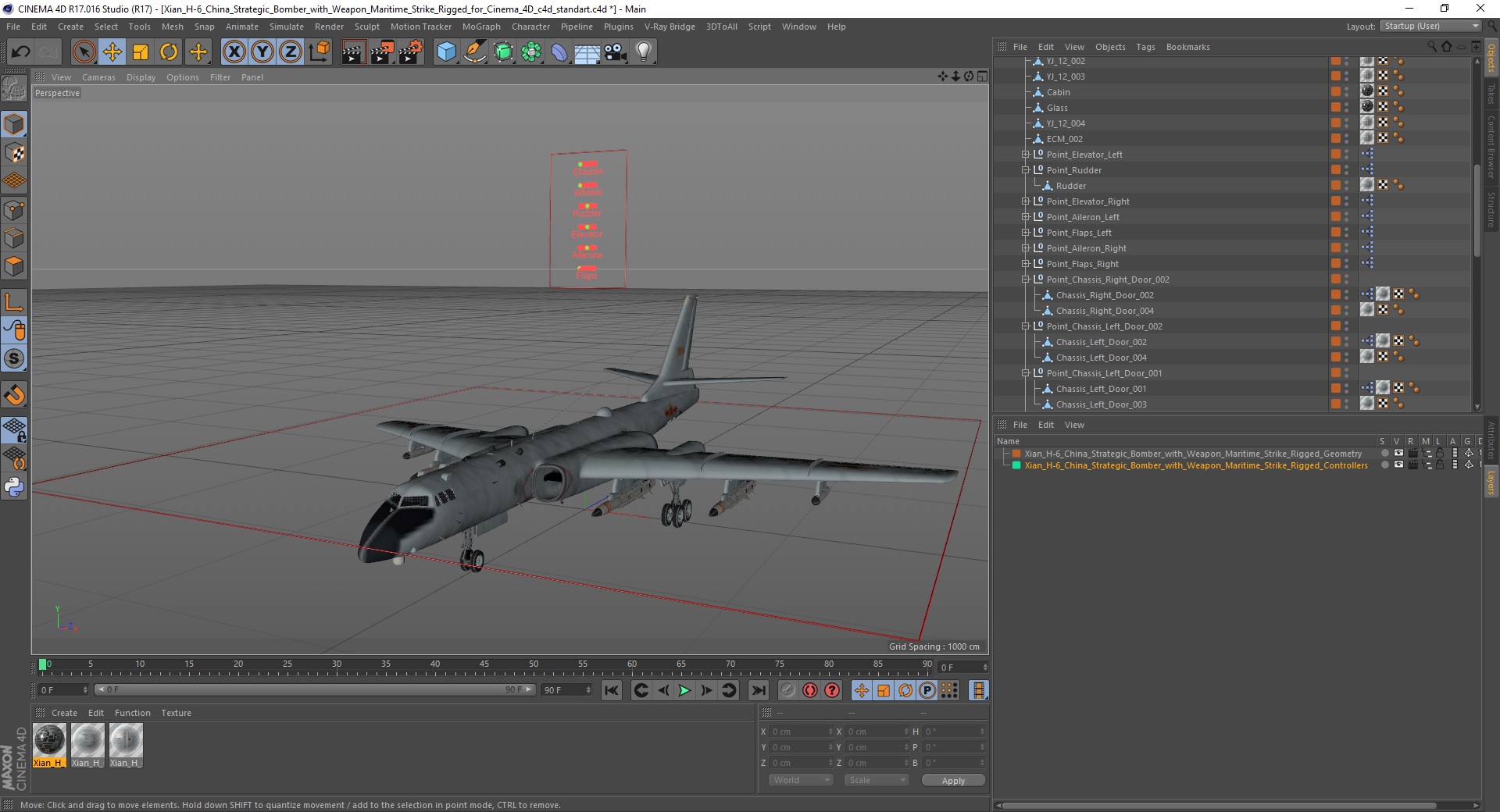 3D model Xian H-6 China Strategic Bomber with Weapon Maritime Strike Rigged for Cinema 4D