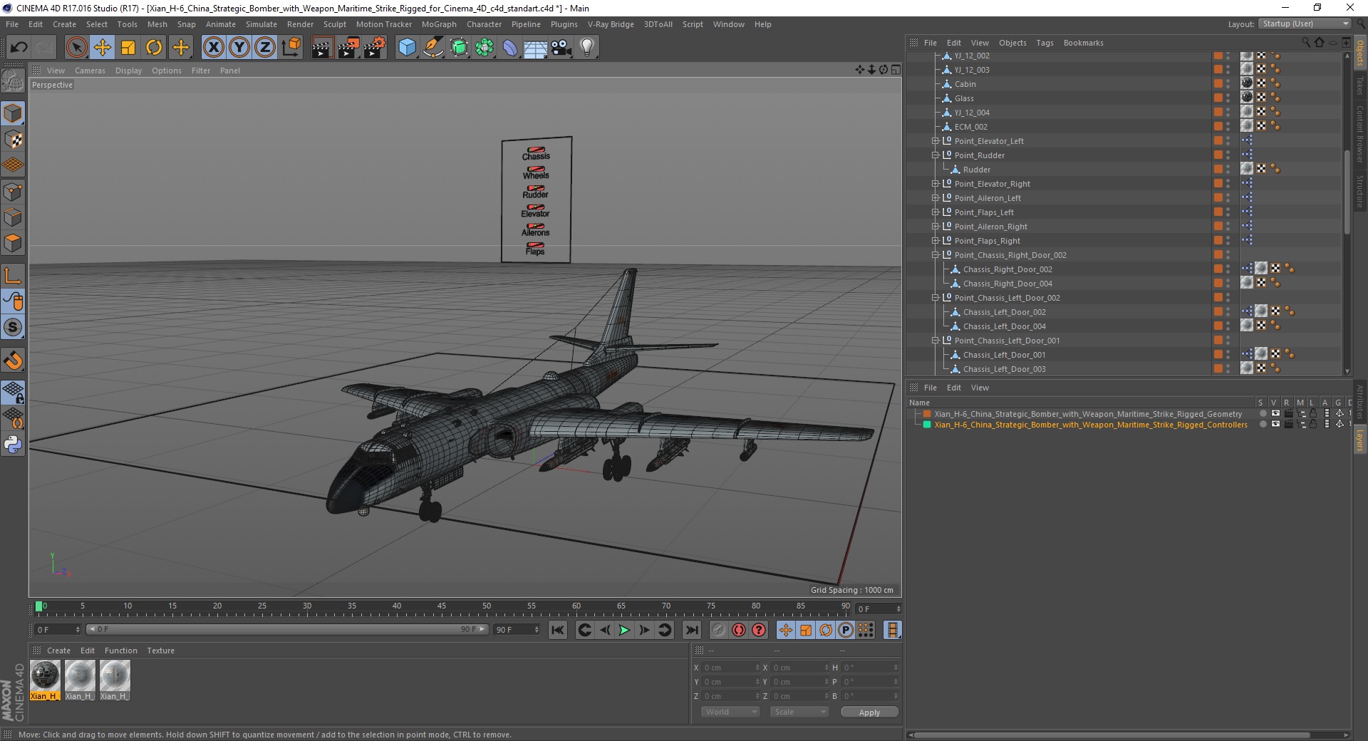 3D model Xian H-6 China Strategic Bomber with Weapon Maritime Strike Rigged for Cinema 4D