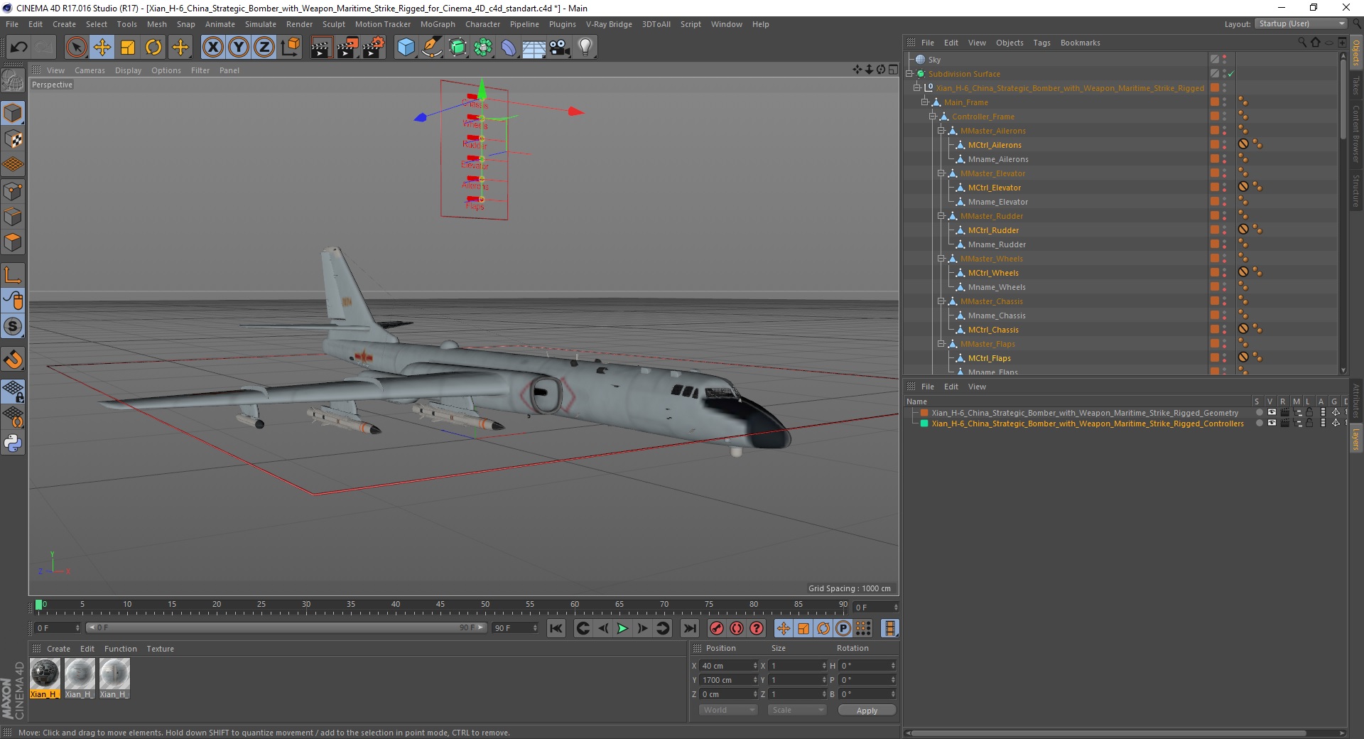 3D model Xian H-6 China Strategic Bomber with Weapon Maritime Strike Rigged for Cinema 4D