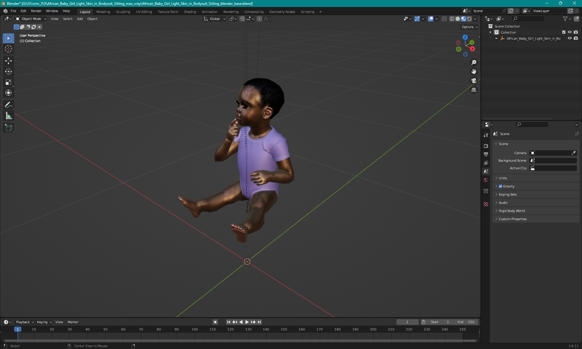 3D African Baby Girl Light Skin in Bodysuit Sitting model