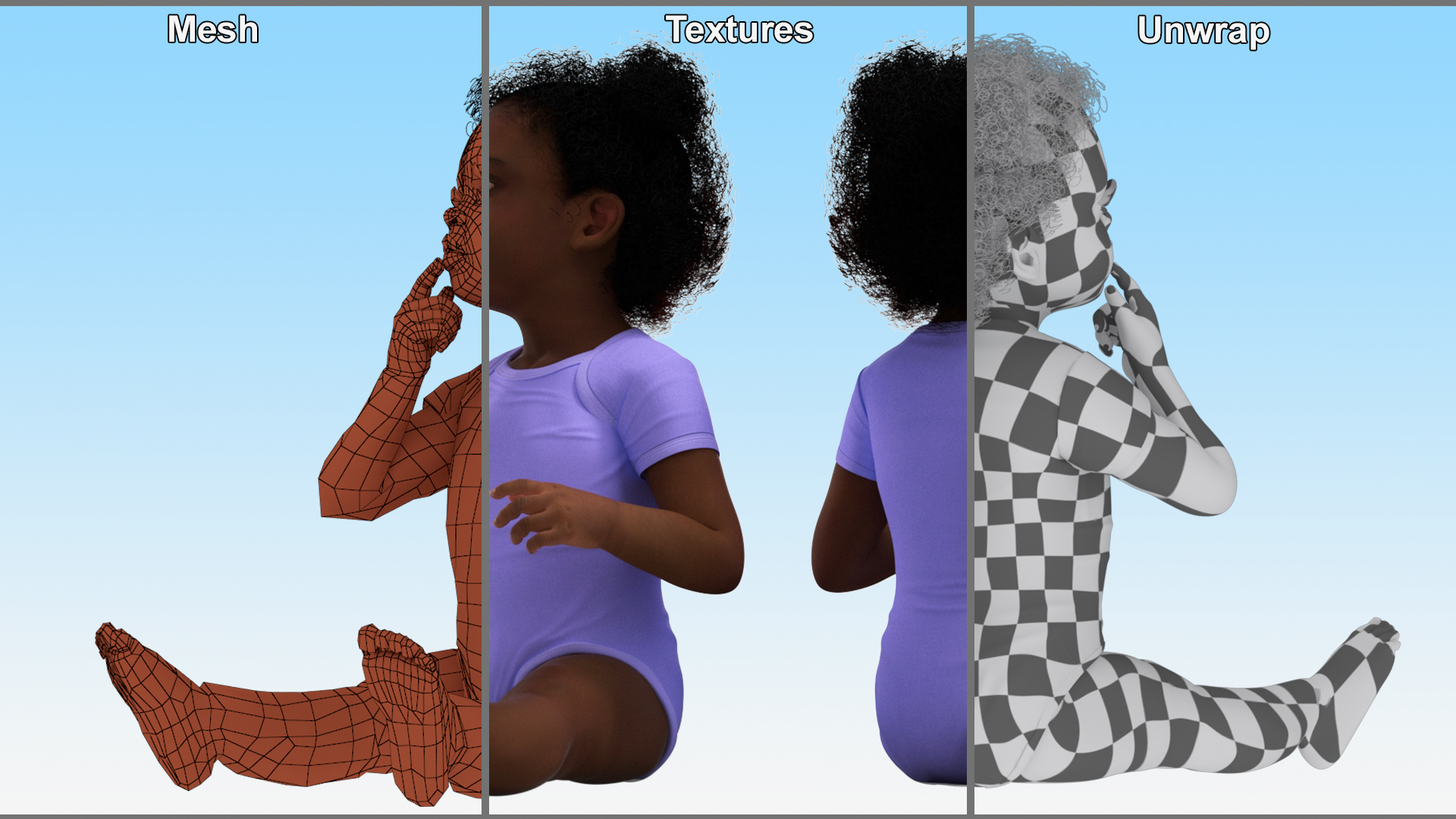 3D African Baby Girl Light Skin in Bodysuit Sitting model