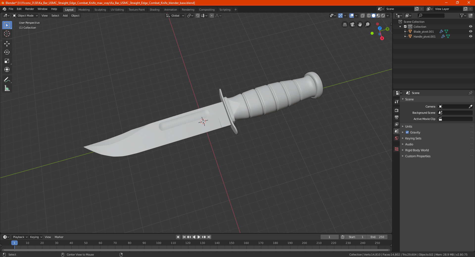 3D Ka Bar USMC Straight Edge Combat Knife model
