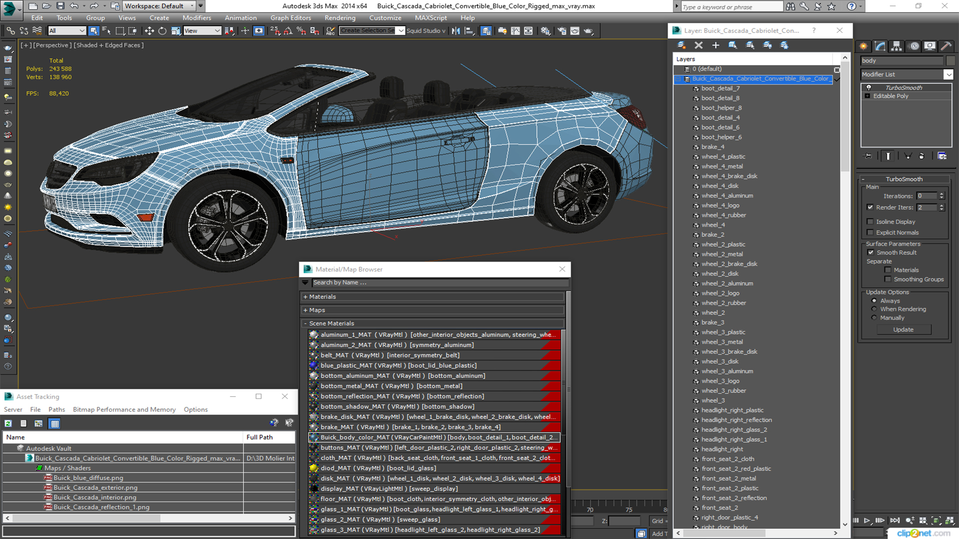 3D Buick Cascada Cabriolet Convertible Blue Color Rigged model