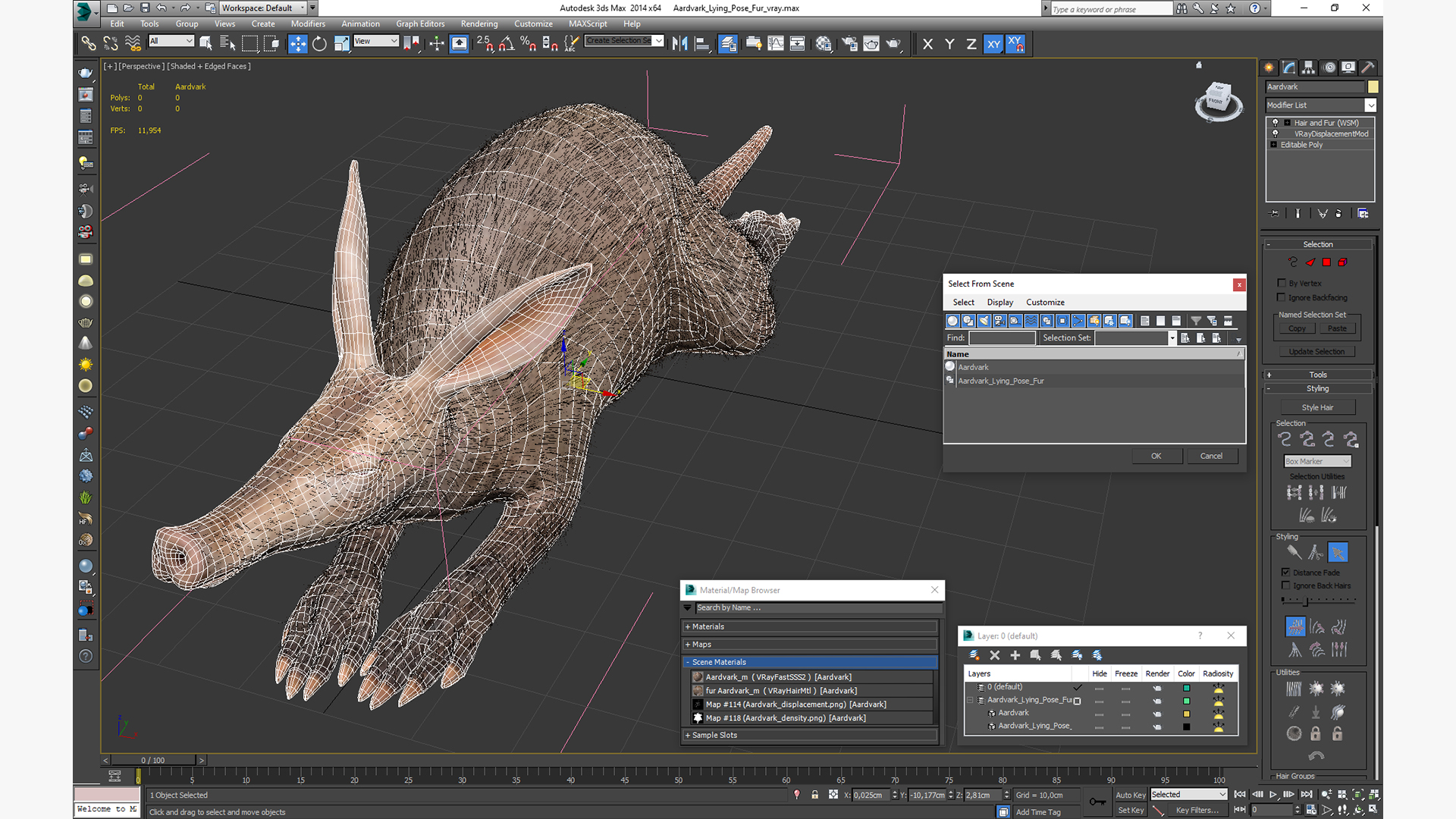 3D Aardvark Lying Pose Fur model